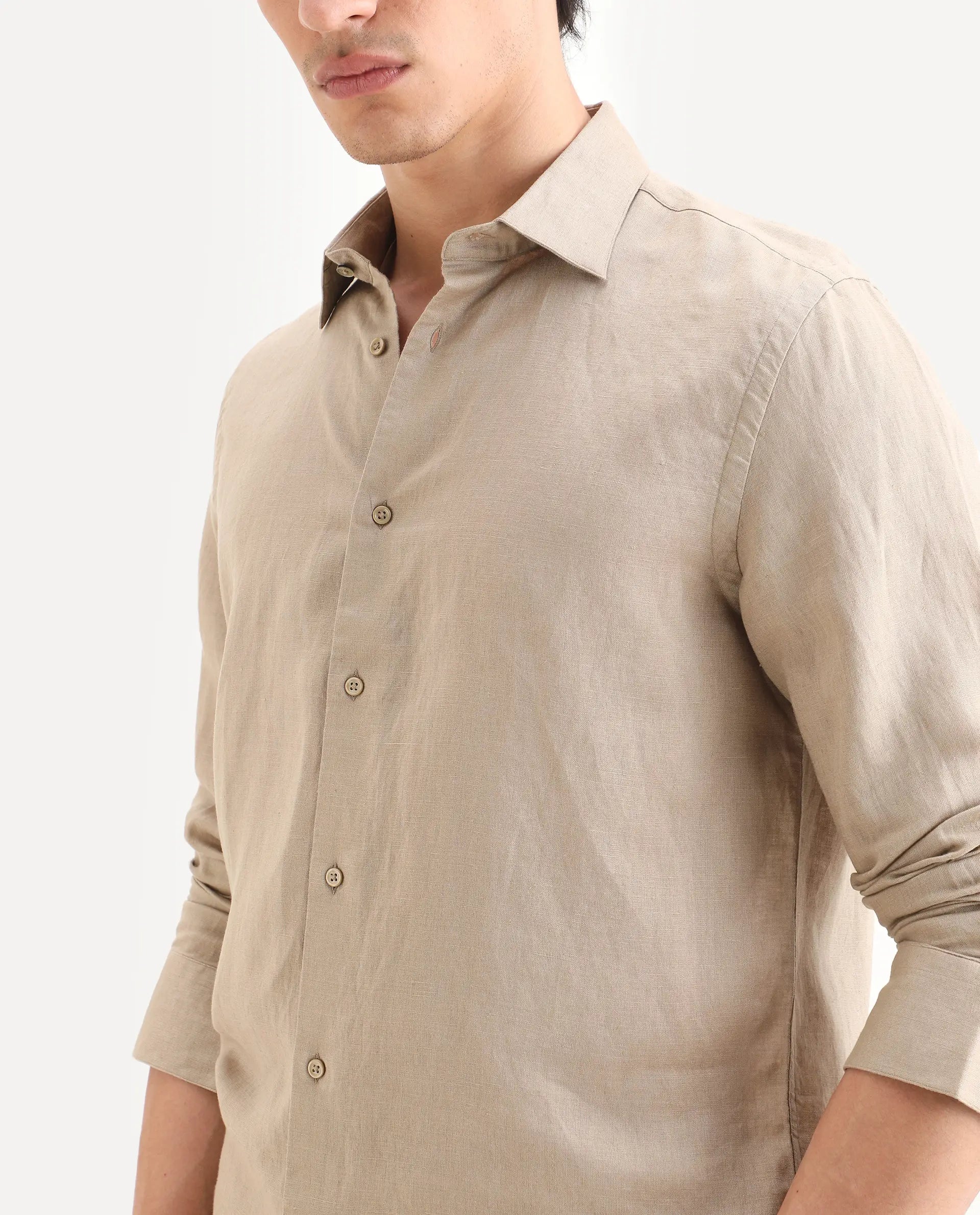 Rare Rabbit Men's Linex Ls Beige Linen Blend Fabric Full Sleeve Spread Collar Regular Fit Plain Shirt