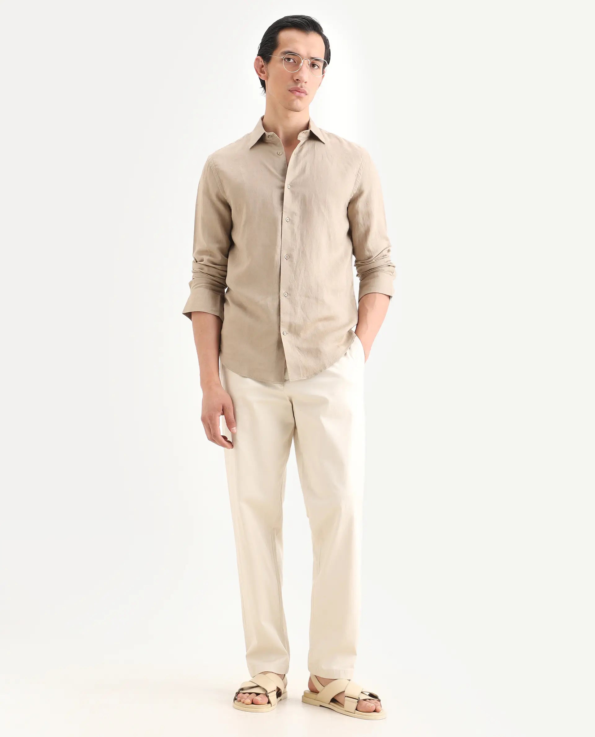 Rare Rabbit Men's Linex Ls Beige Linen Blend Fabric Full Sleeve Spread Collar Regular Fit Plain Shirt