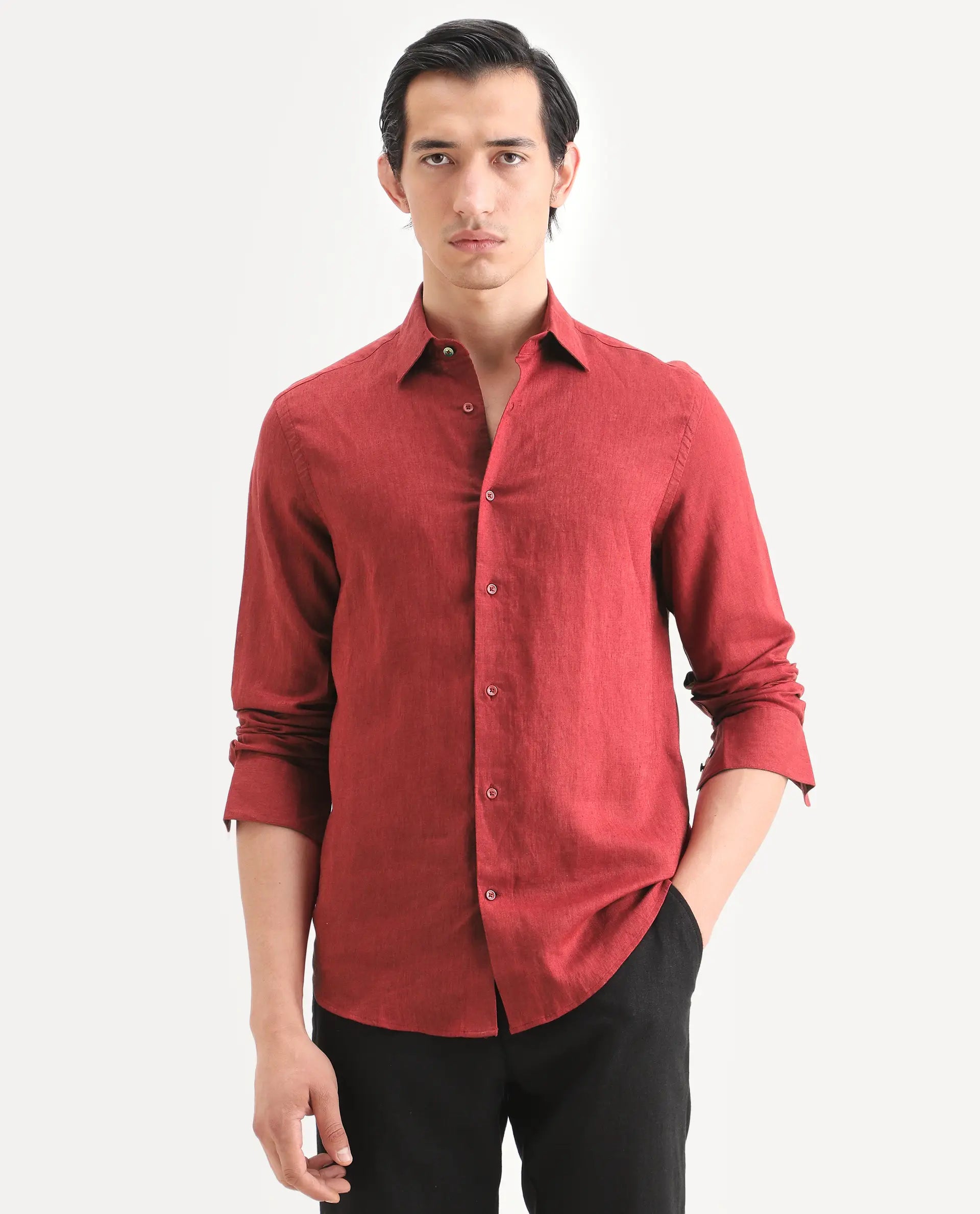 Rare Rabbit Men's Linex Ls Red Linen Blend Fabric Full Sleeve Spread Collar Regular Fit Plain Shirt