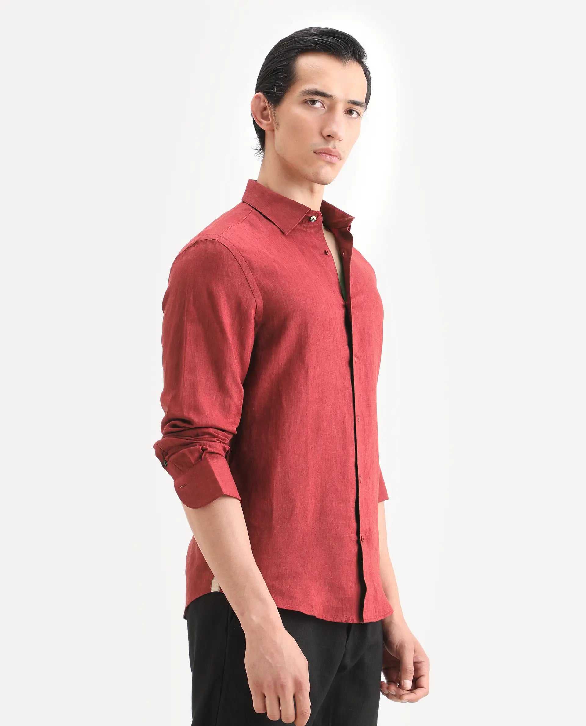 Rare Rabbit Men's Linex Ls Red Linen Blend Fabric Full Sleeve Spread Collar Regular Fit Plain Shirt