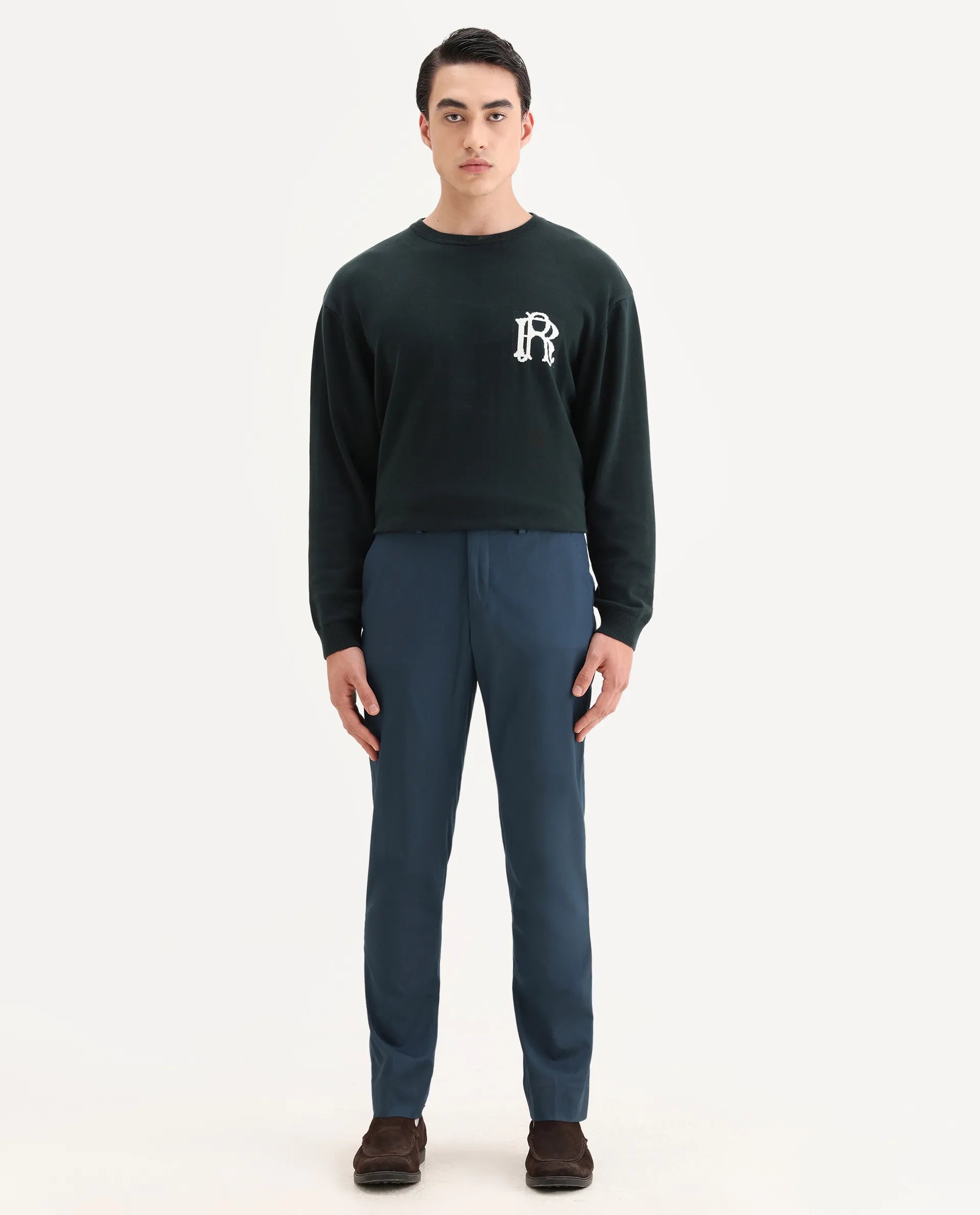 Rare Rabbit Men's Lingo Petrol Polyester Plain Regular Fit Trouser