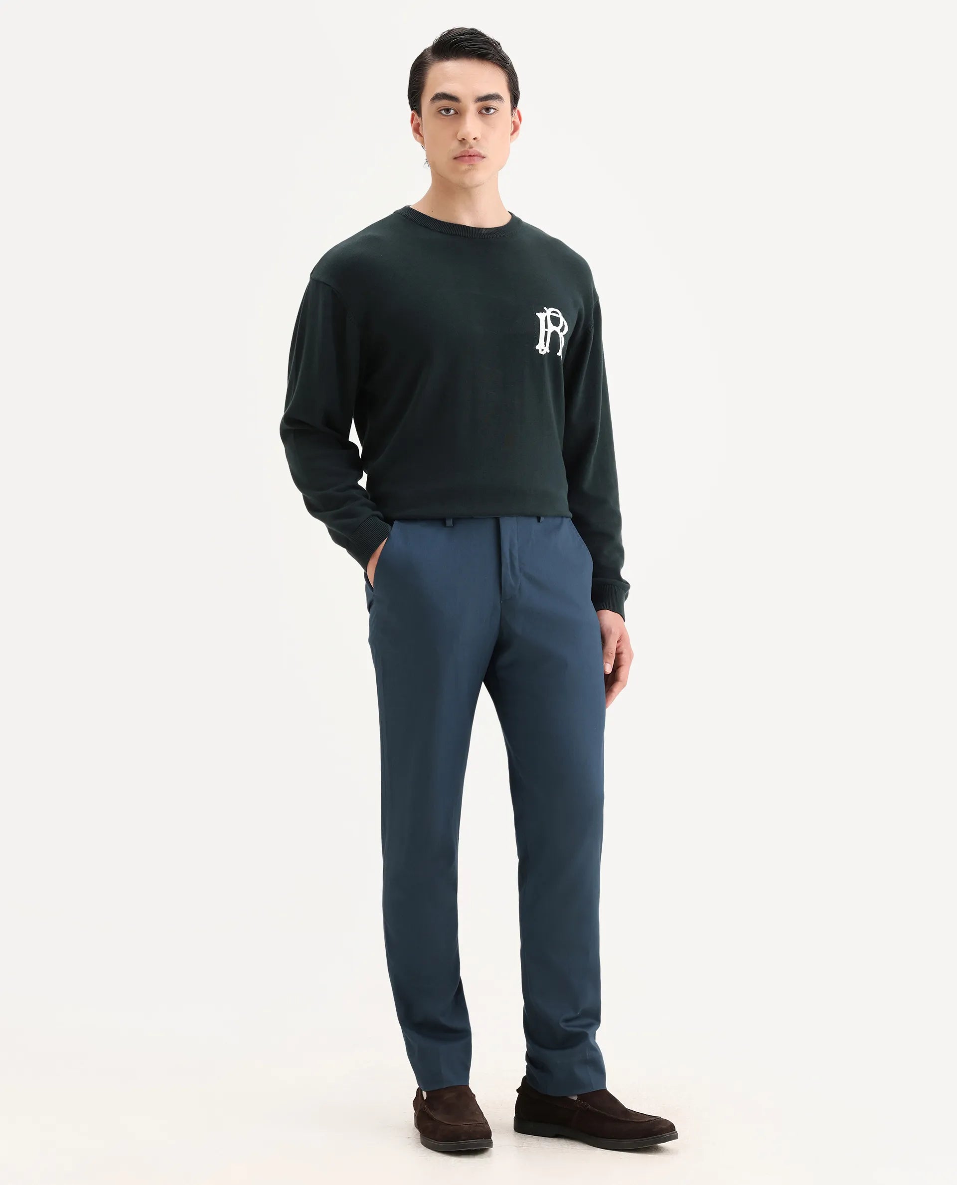 Rare Rabbit Men's Lingo Petrol Polyester Plain Regular Fit Trouser