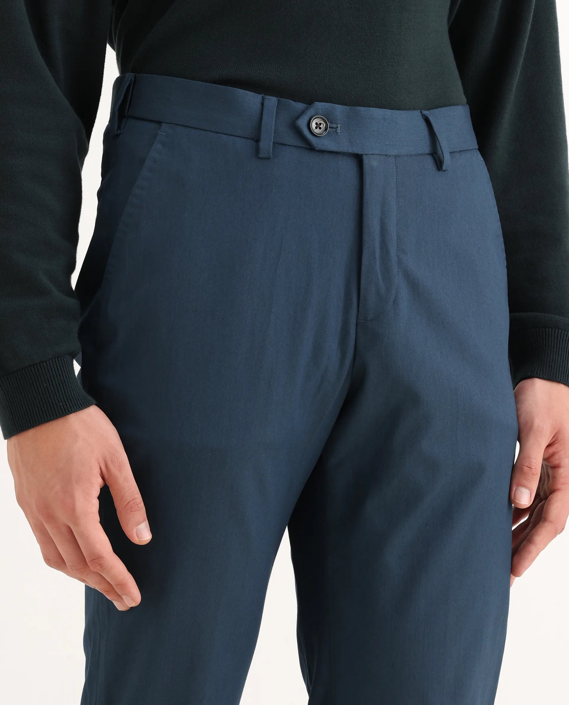 Rare Rabbit Men's Lingo Petrol Polyester Plain Regular Fit Trouser