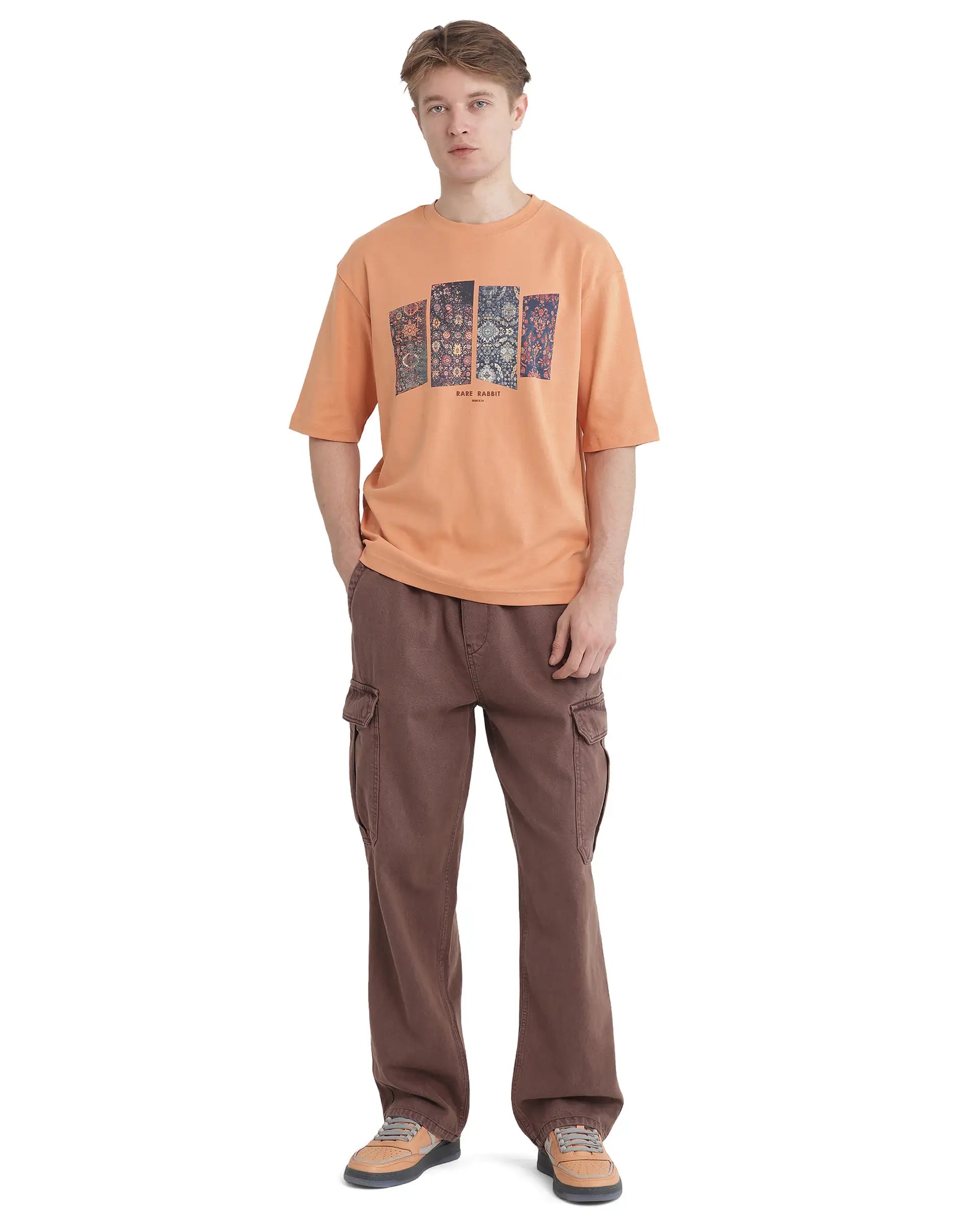 Rare Rabbit Men Lino Dark Orange Cotton Fabric Short Sleeve Crew Neck Qlo Fit Graphic Print T-Shirt