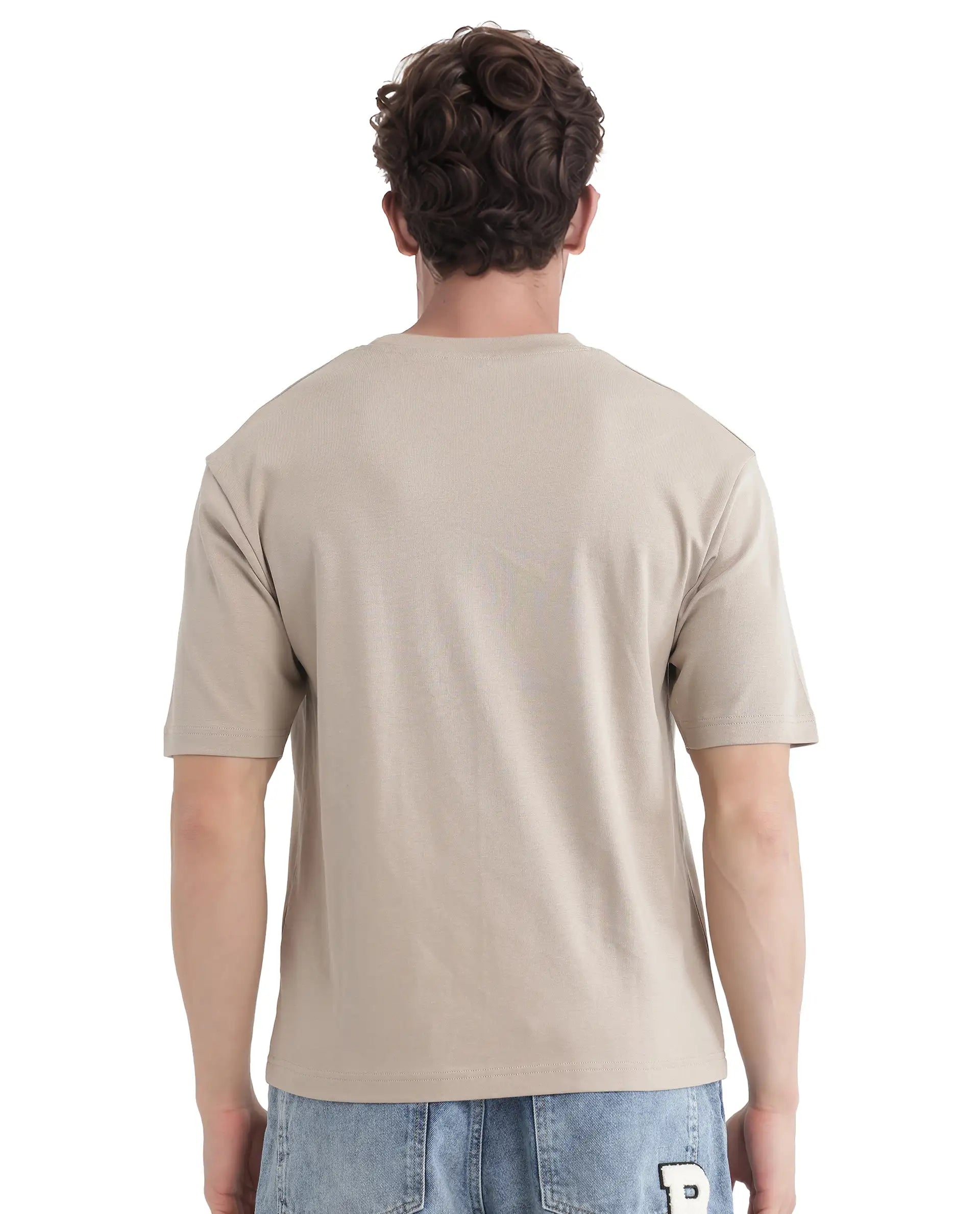 Rare Rabbit Men Lino Dusky Beige Cotton Fabric Short Sleeve Crew Neck Qlo Fit Graphic Print T-Shirt