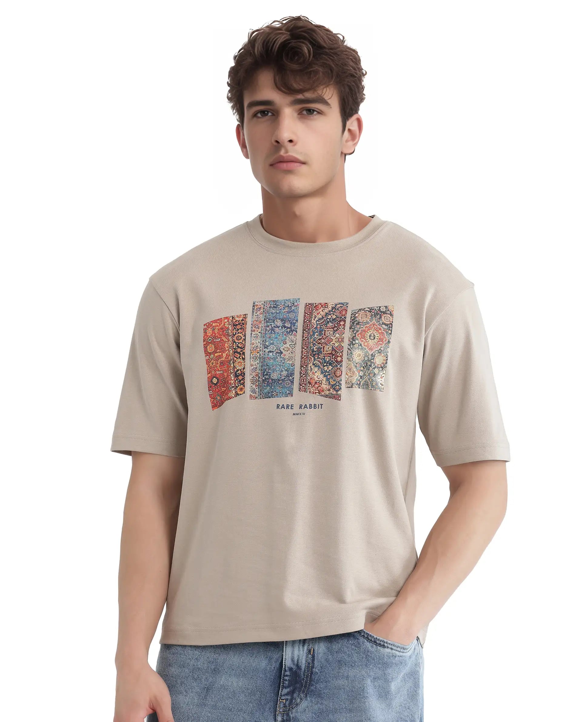 Rare Rabbit Men Lino Dusky Beige Cotton Fabric Short Sleeve Crew Neck Qlo Fit Graphic Print T-Shirt