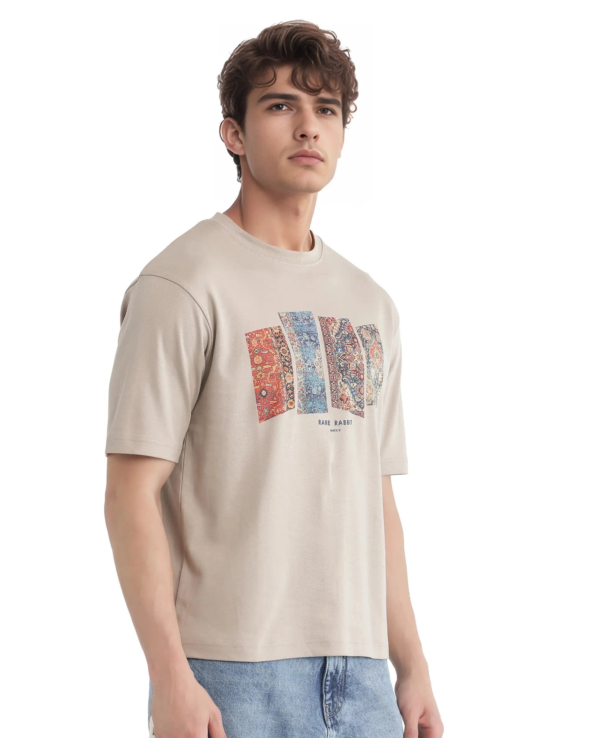 Rare Rabbit Men Lino Dusky Beige Cotton Fabric Short Sleeve Crew Neck Qlo Fit Graphic Print T-Shirt