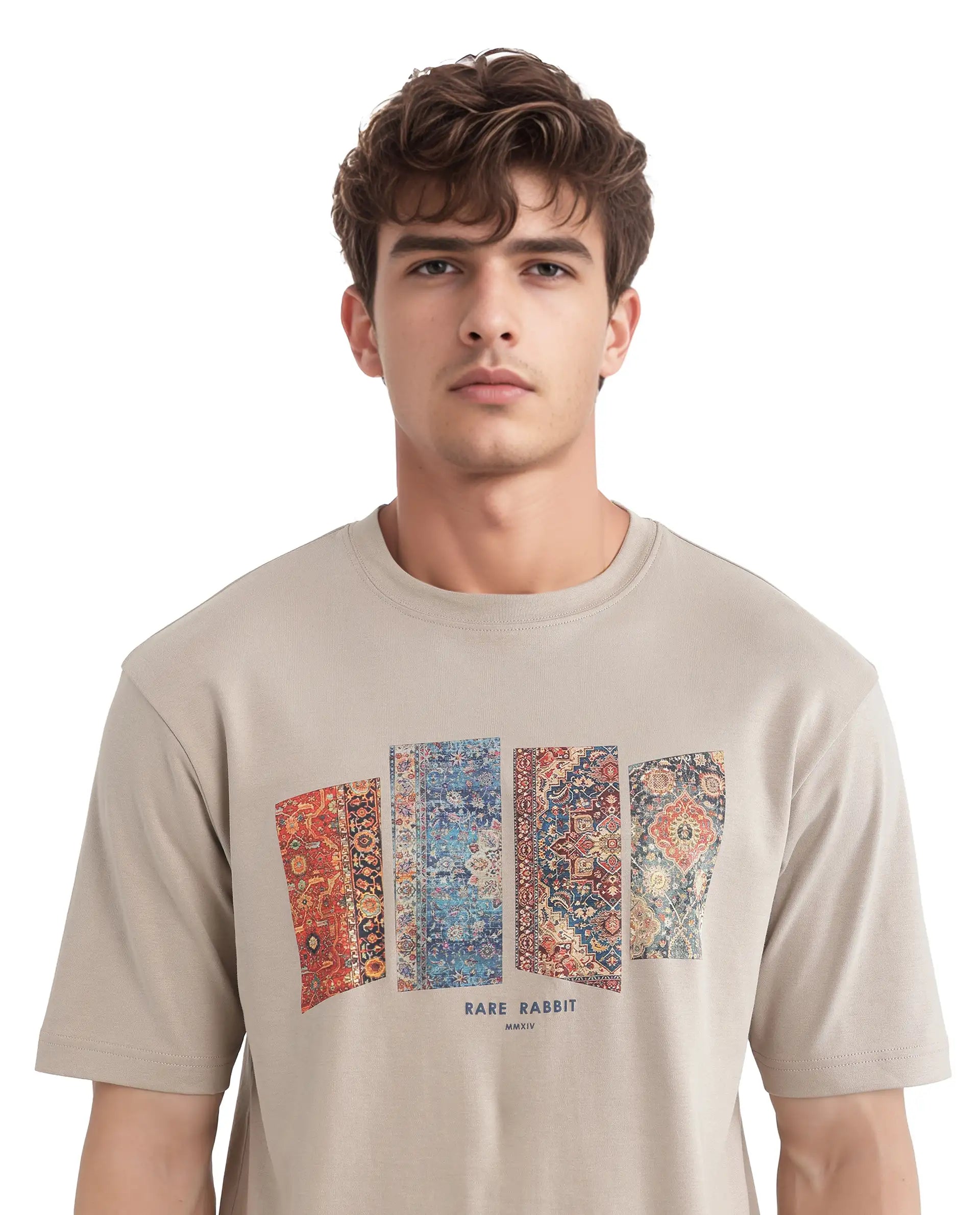 Rare Rabbit Men Lino Dusky Beige Cotton Fabric Short Sleeve Crew Neck Qlo Fit Graphic Print T-Shirt