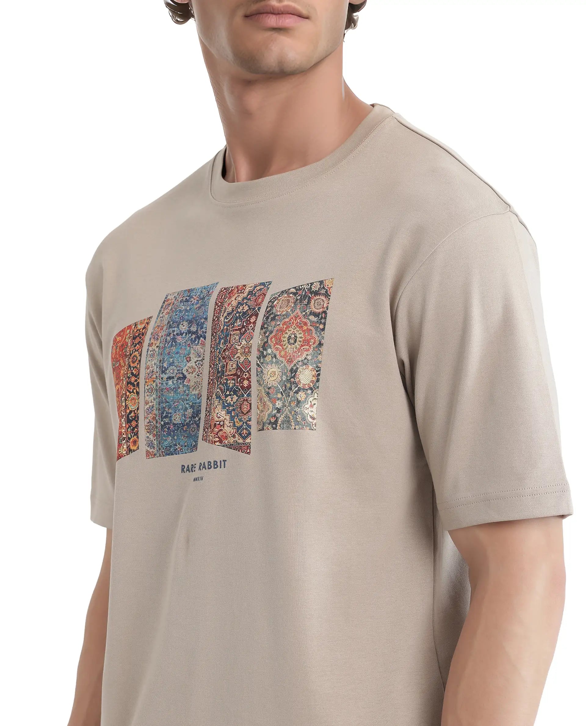 Rare Rabbit Men Lino Dusky Beige Cotton Fabric Short Sleeve Crew Neck Qlo Fit Graphic Print T-Shirt