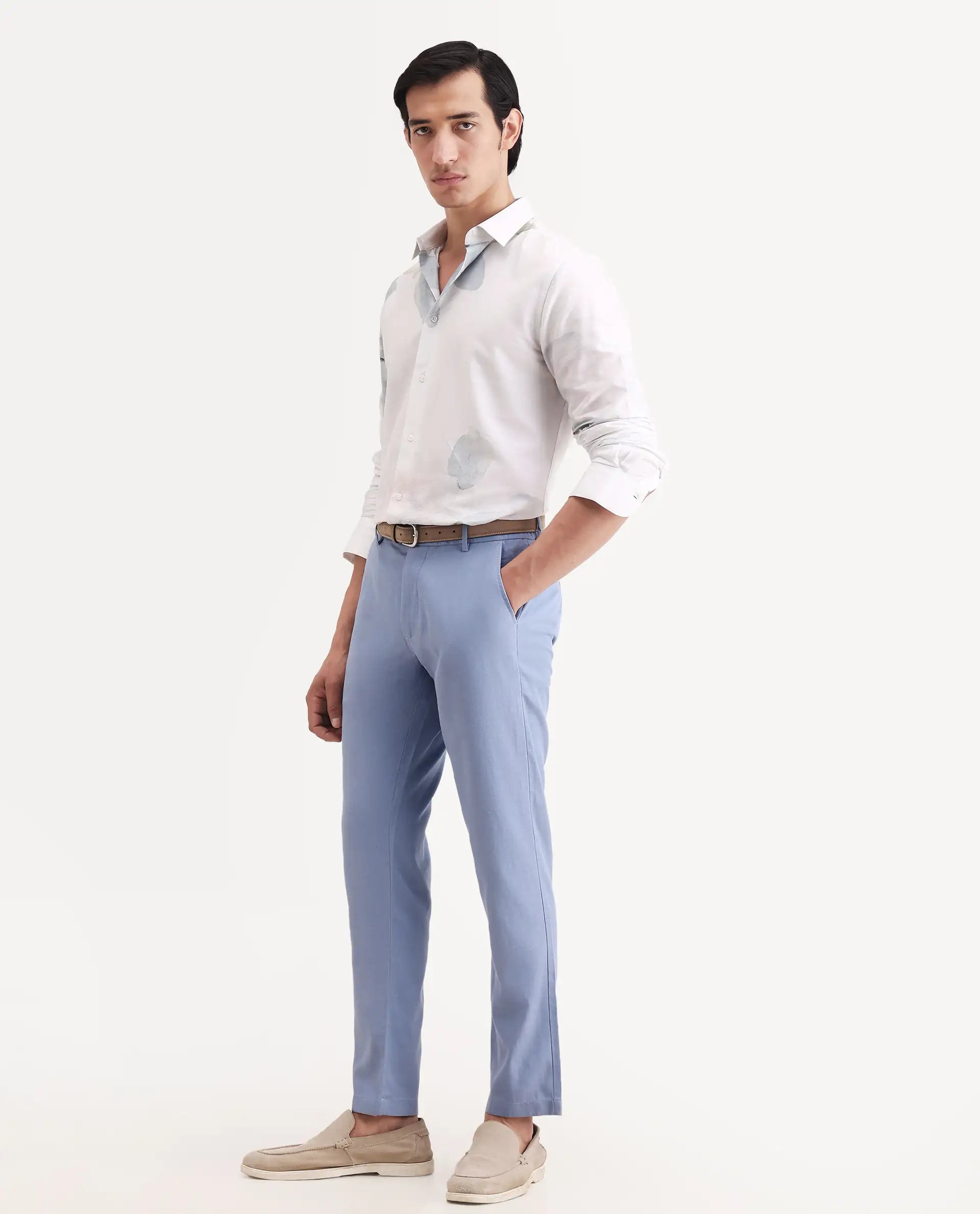 Rare Rabbit Men's Linol-T Light Blue Linen Blend Fabric Regular Fit Drawstring Plain Trouser