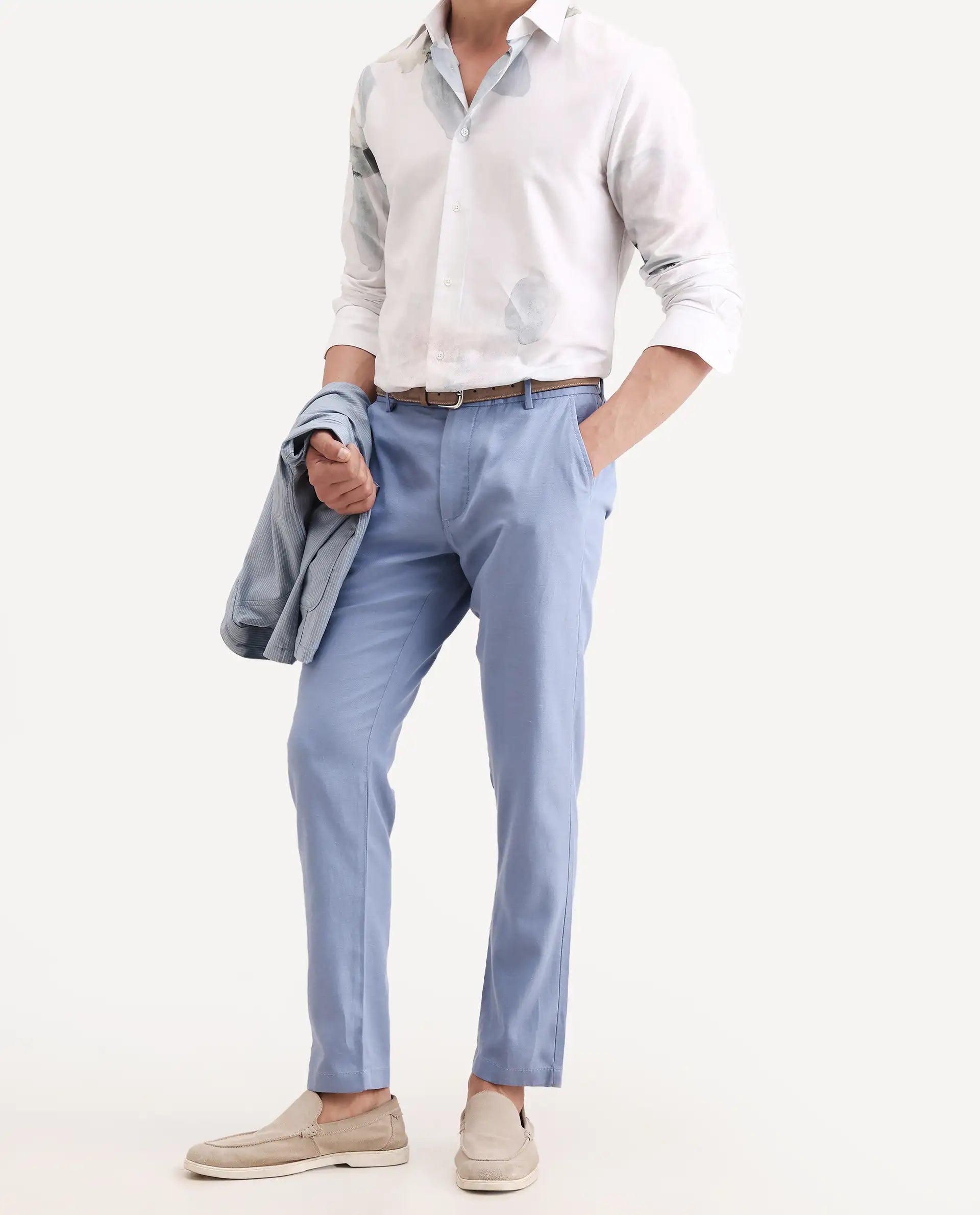 Rare Rabbit Men's Linol-T Light Blue Linen Blend Fabric Regular Fit Drawstring Plain Trouser