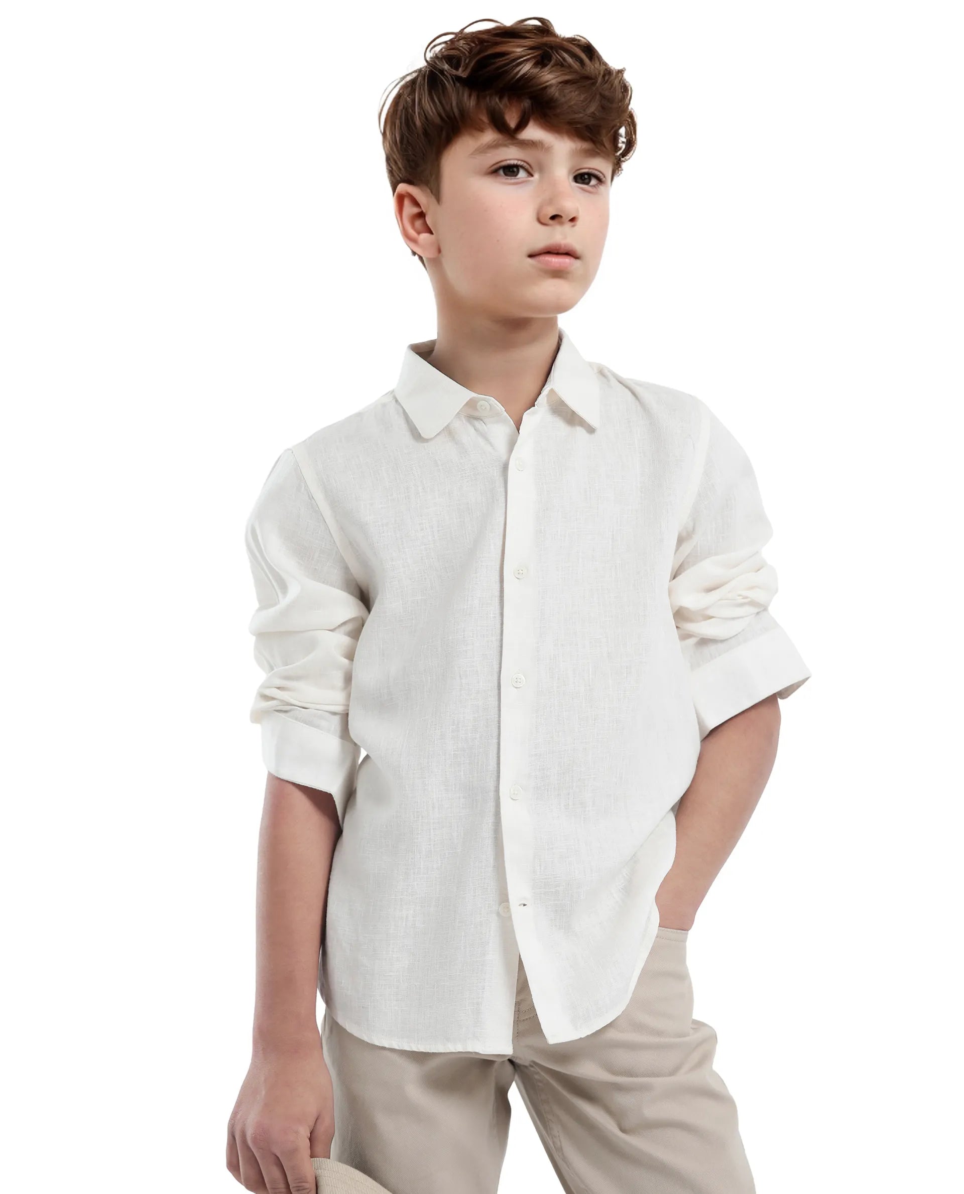 Rare Ones Kids Lino Off White Linen Full Sleeve Button Solid Regular Fit Shirt