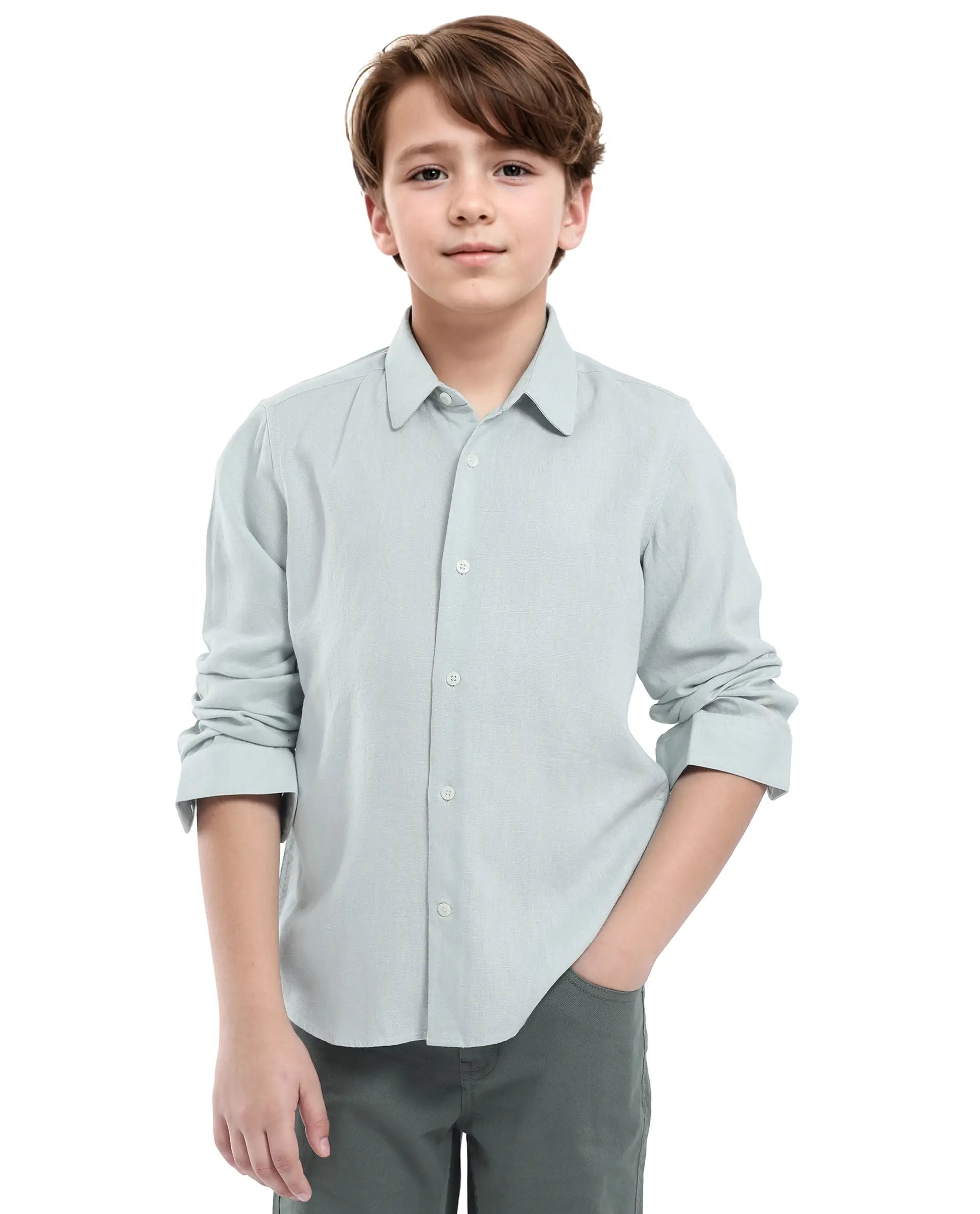 Rare Ones Kids Lino Pastel Turq Linen Full Sleeve Button Solid Regular Fit Shirt