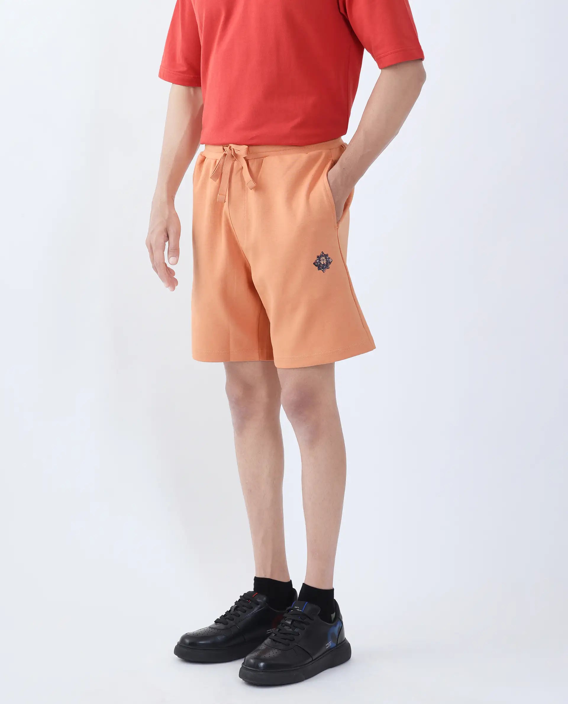 Rare Rabbit Men's Linor Dark Orange Cotton Blend Plain Regular Fit Shorts