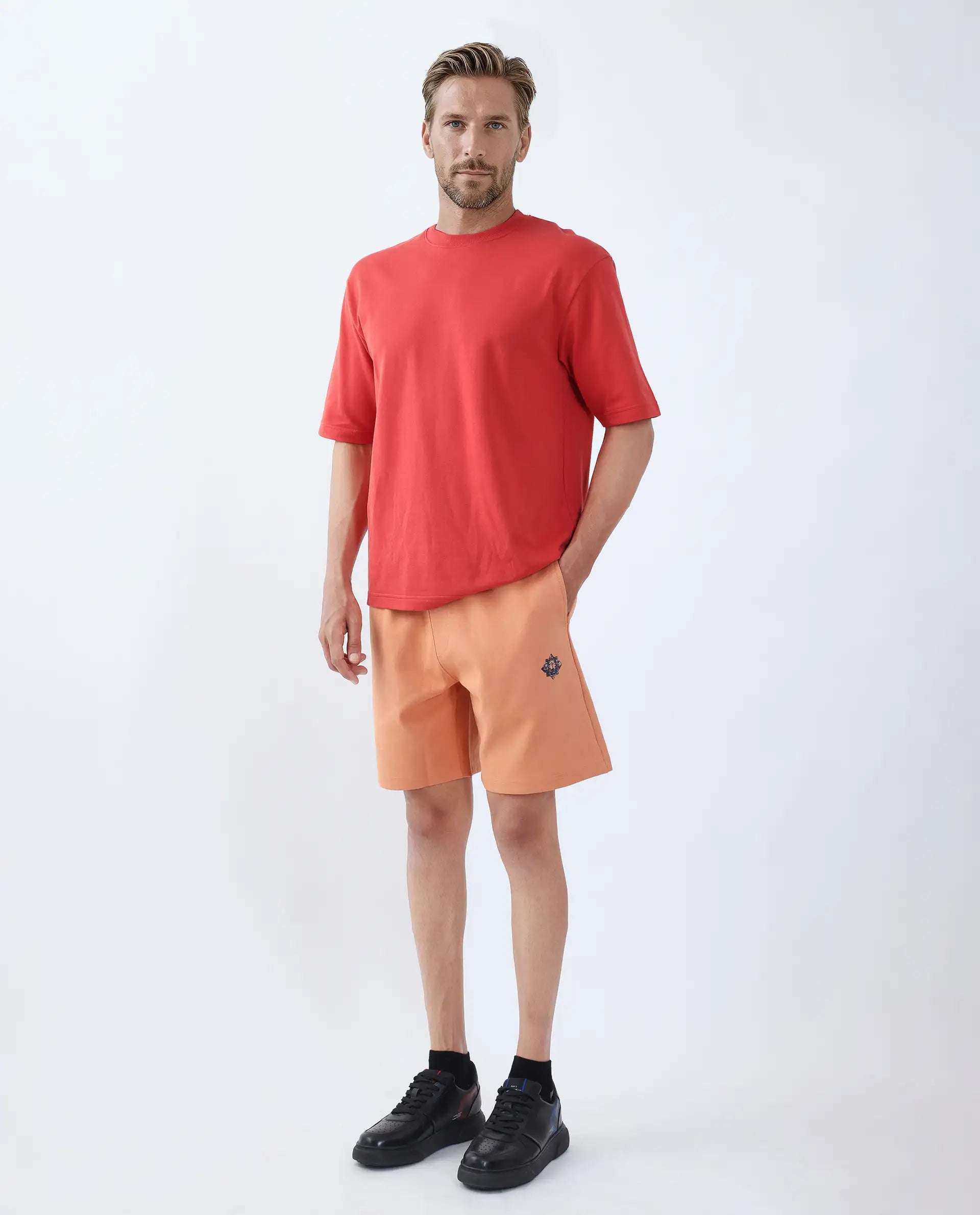 Rare Rabbit Men's Linor Dark Orange Cotton Blend Plain Regular Fit Shorts