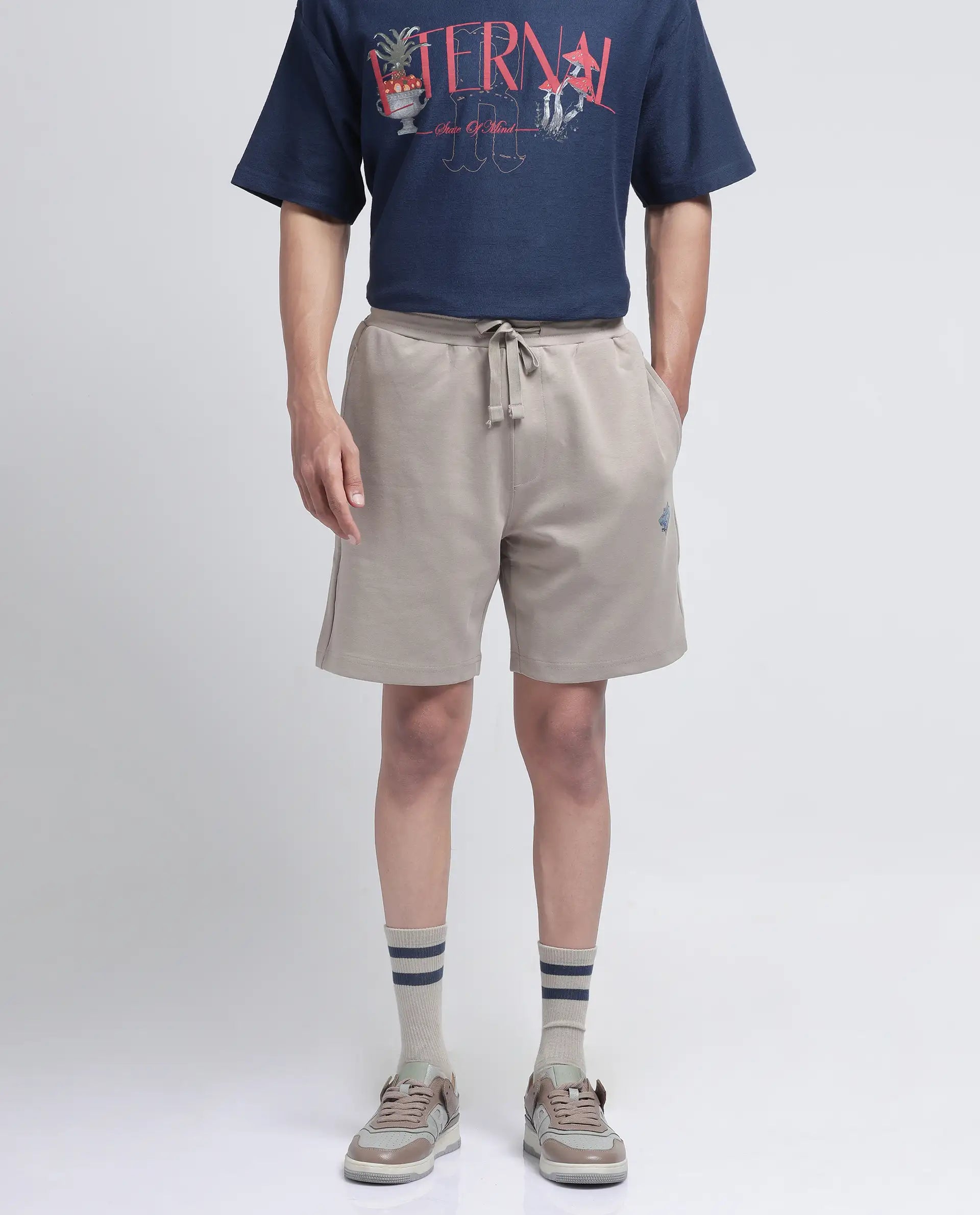 Rare Rabbit Men Linor Beige Cotton Elastane Fabric Relaxed Fit Plain Shorts