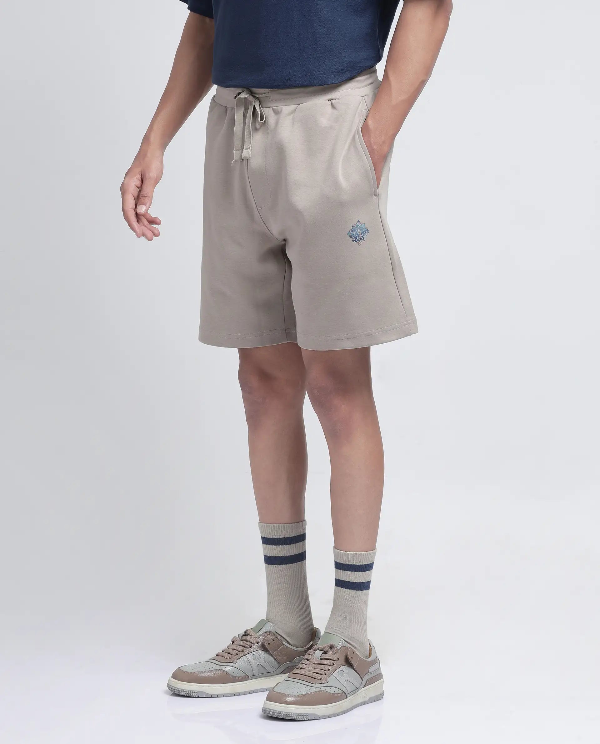 Rare Rabbit Men Linor Beige Cotton Elastane Fabric Relaxed Fit Plain Shorts