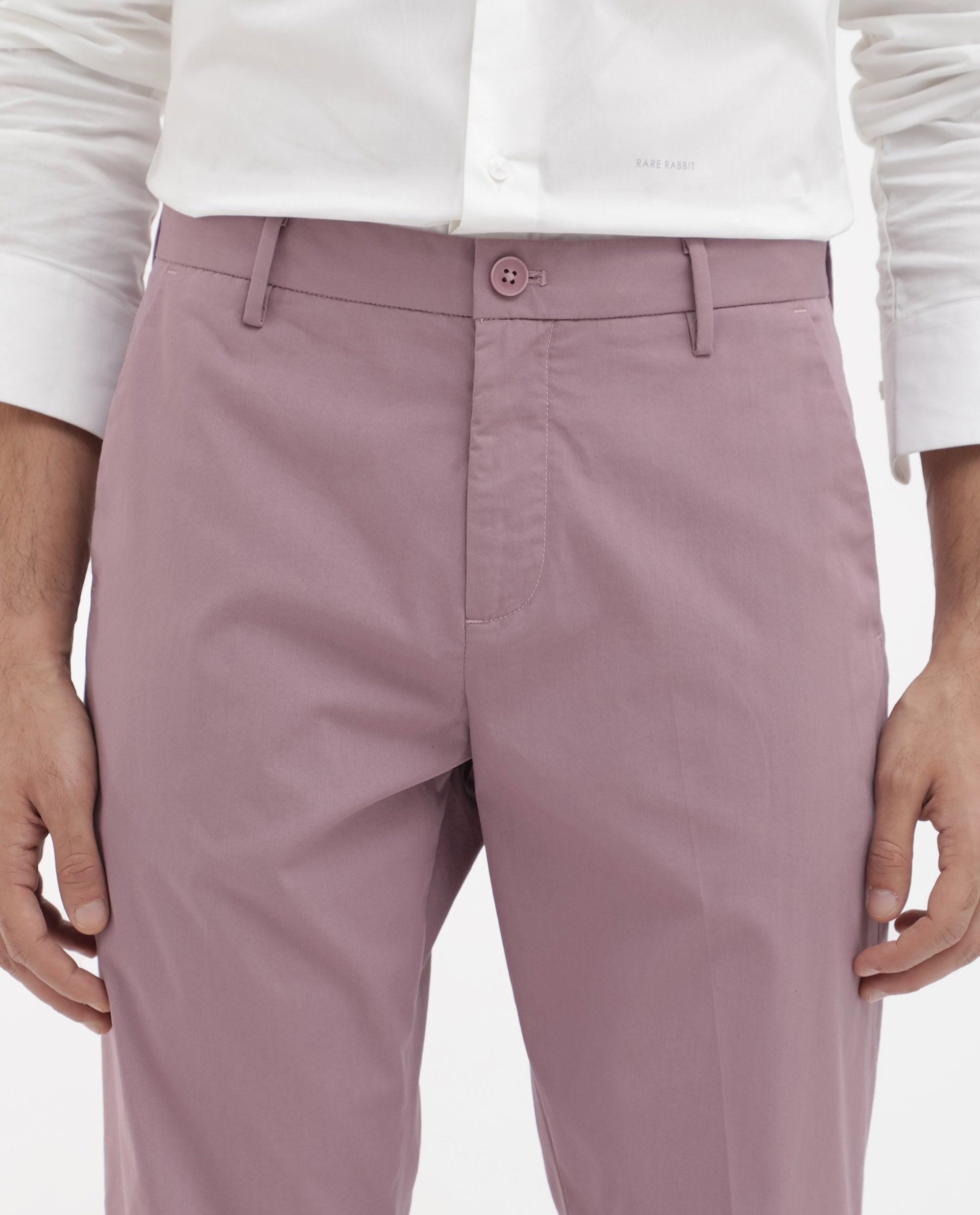 Rare Rabbit Mens Linotel Pastel Pink Cotton Polyester Lycra Solid Trouser