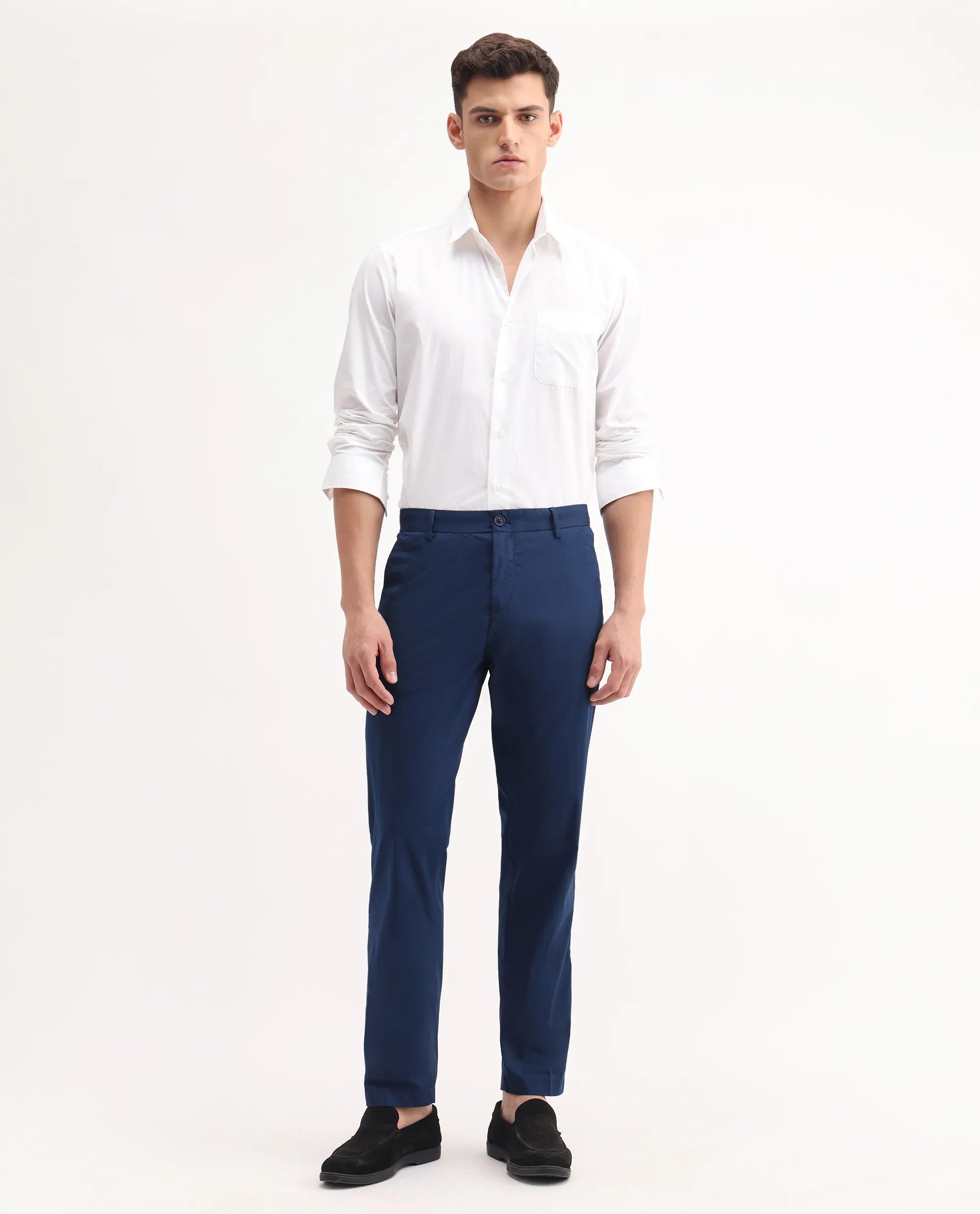 Rare Rabbit Men's Linotel Blue Cotton Blend Plain Regular Fit Trouser