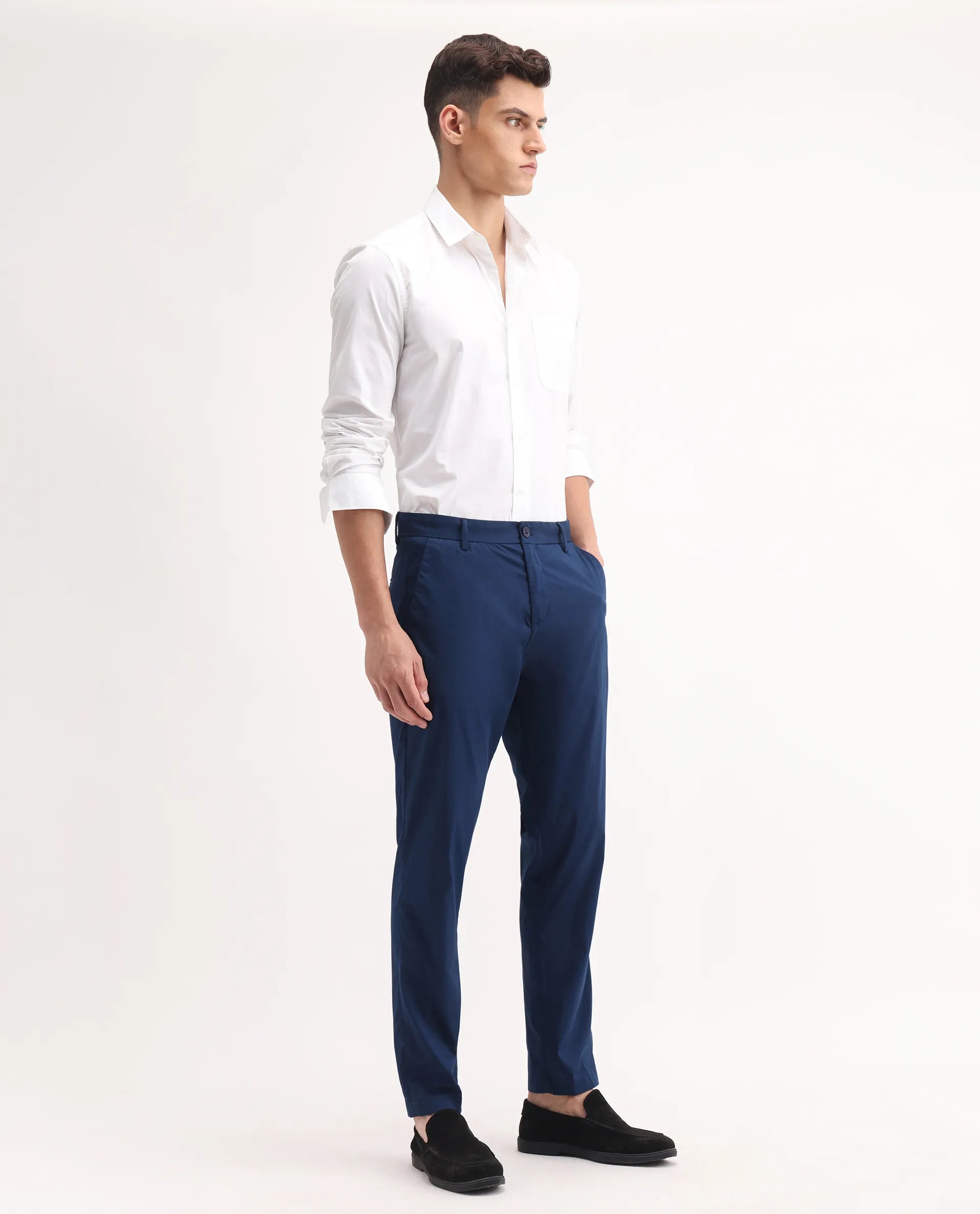 Rare Rabbit Men's Linotel Blue Cotton Blend Plain Regular Fit Trouser
