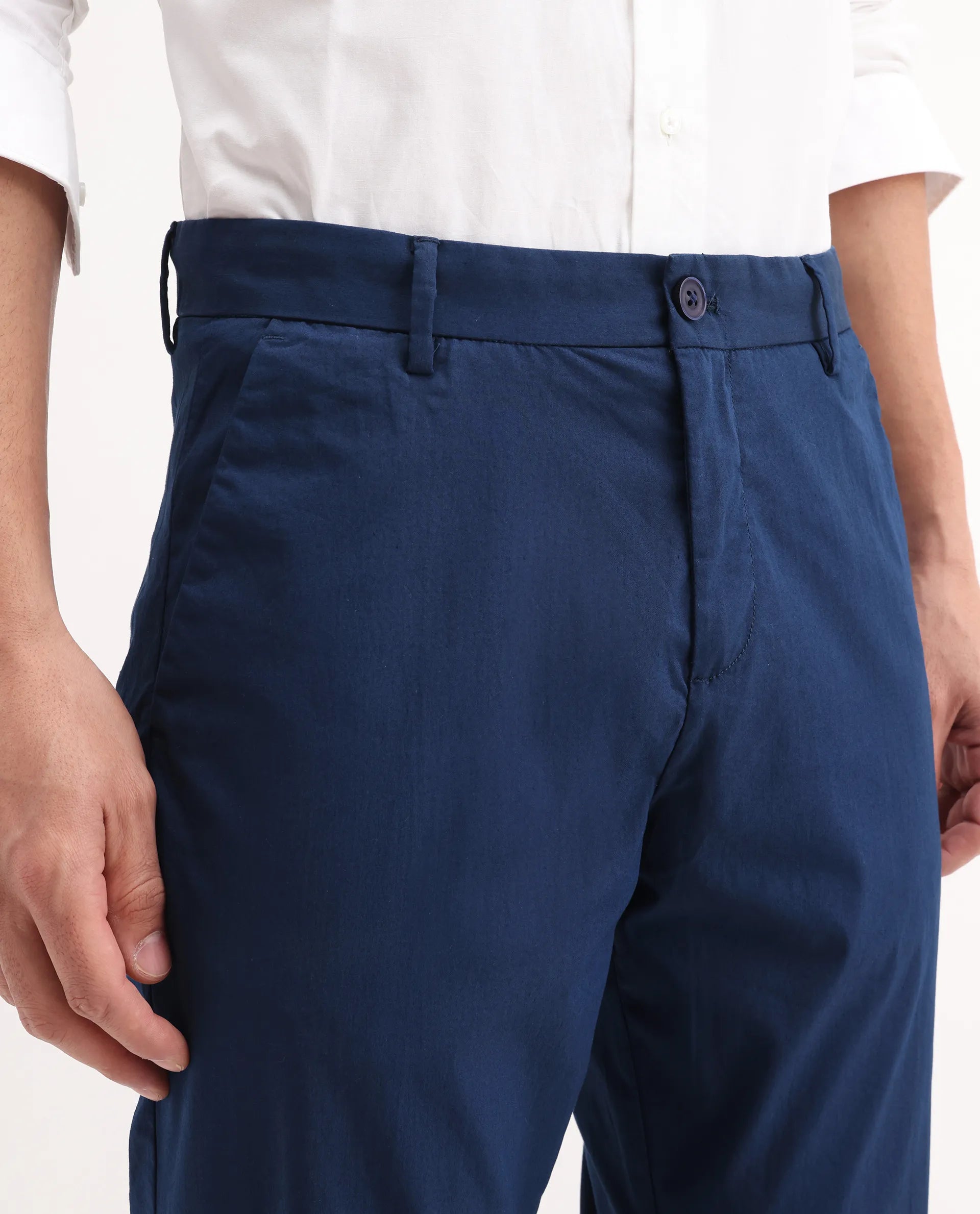 Rare Rabbit Men's Linotel Blue Cotton Blend Plain Regular Fit Trouser