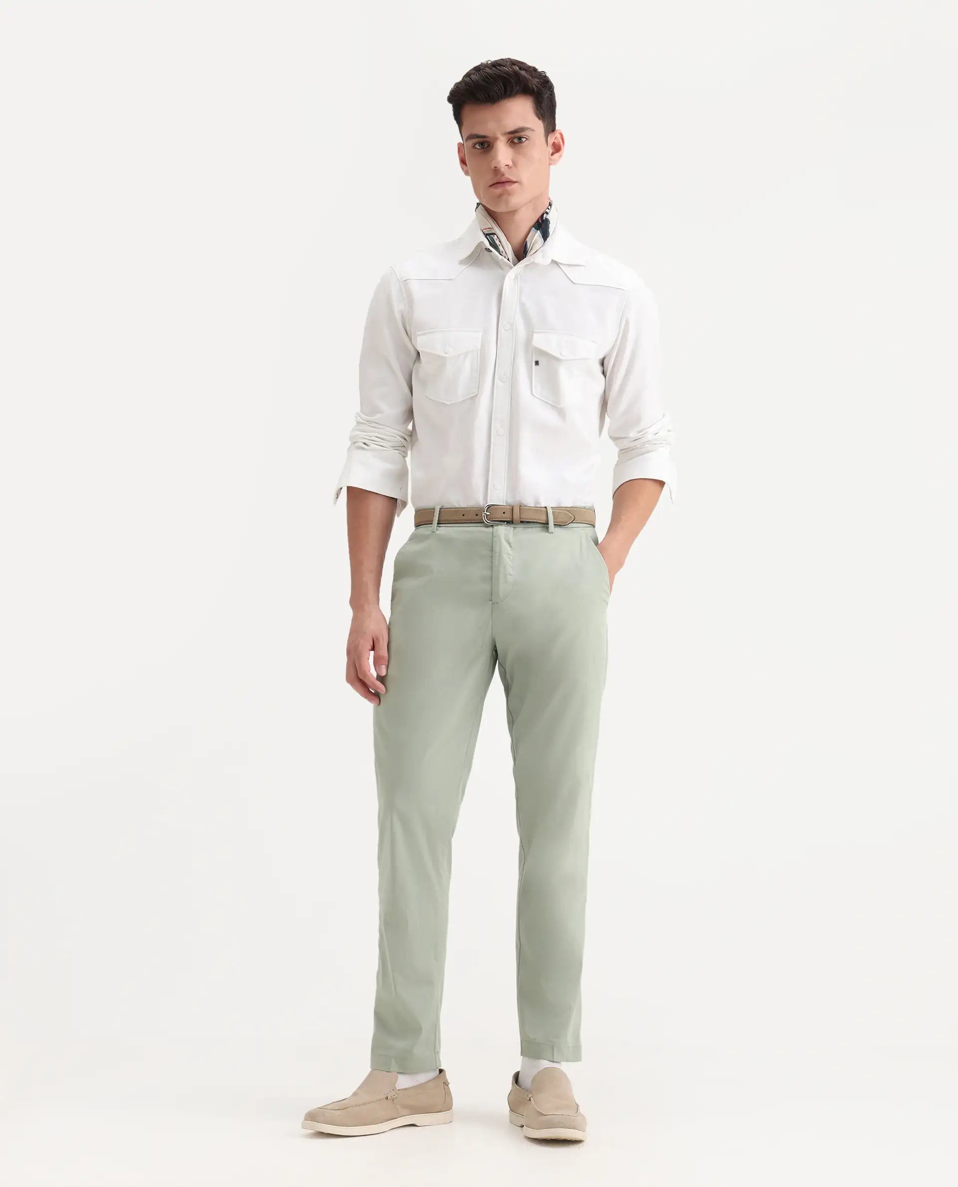 Rare Rabbit Men's Linotel Pastel Green Cotton Blend Plain Regular Fit Trouser