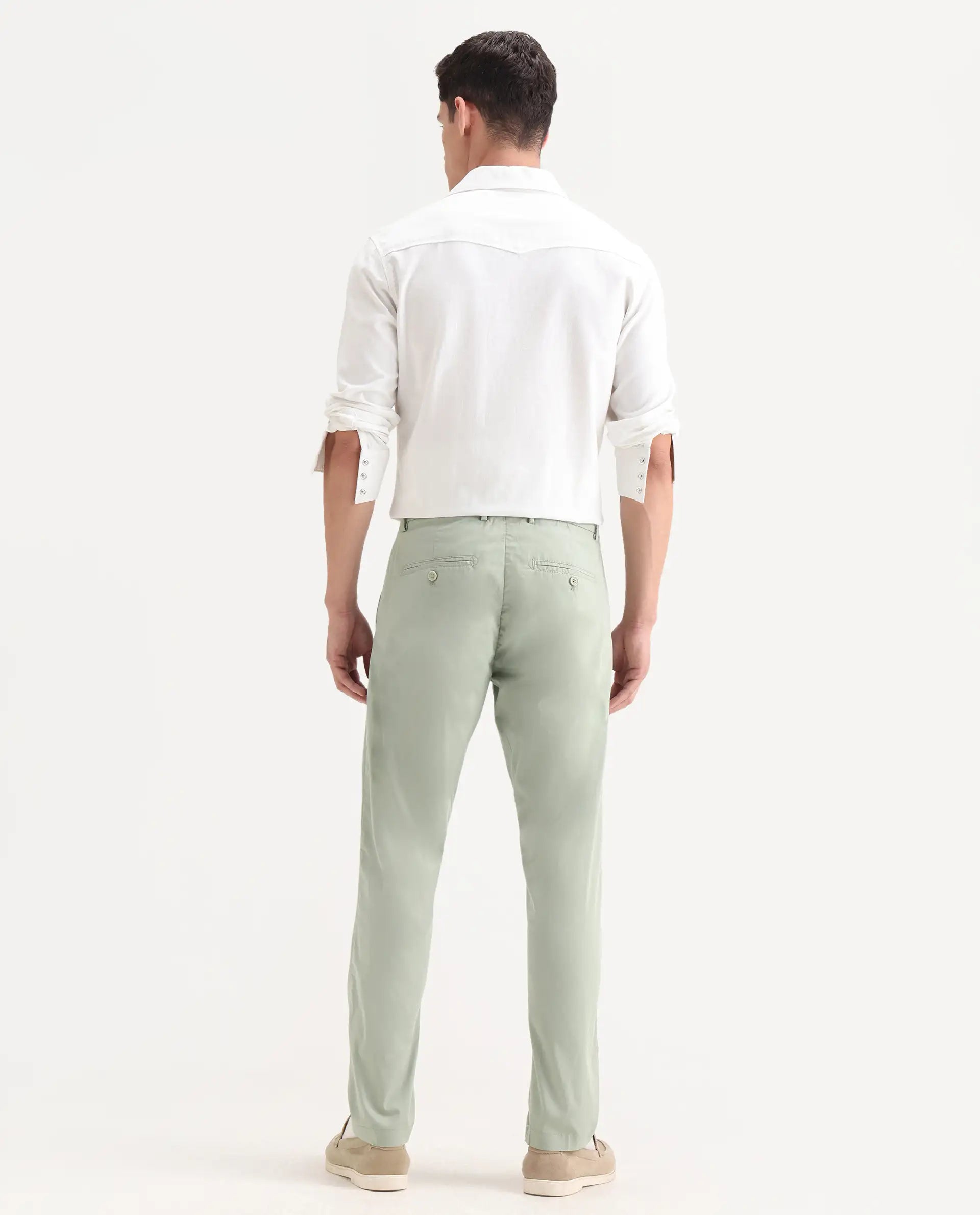 Rare Rabbit Men's Linotel Pastel Green Cotton Blend Plain Regular Fit Trouser