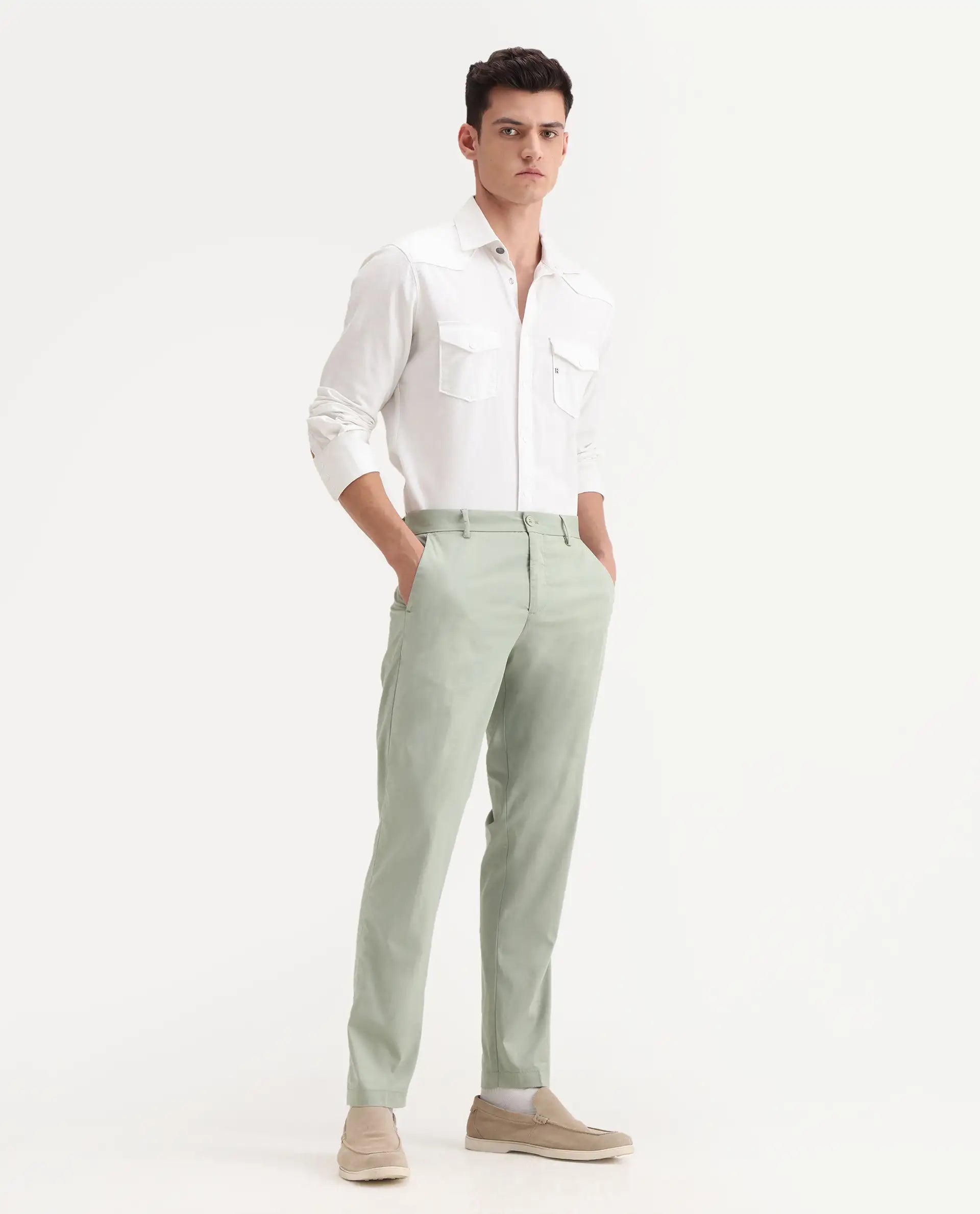 Rare Rabbit Men's Linotel Pastel Green Cotton Blend Plain Regular Fit Trouser
