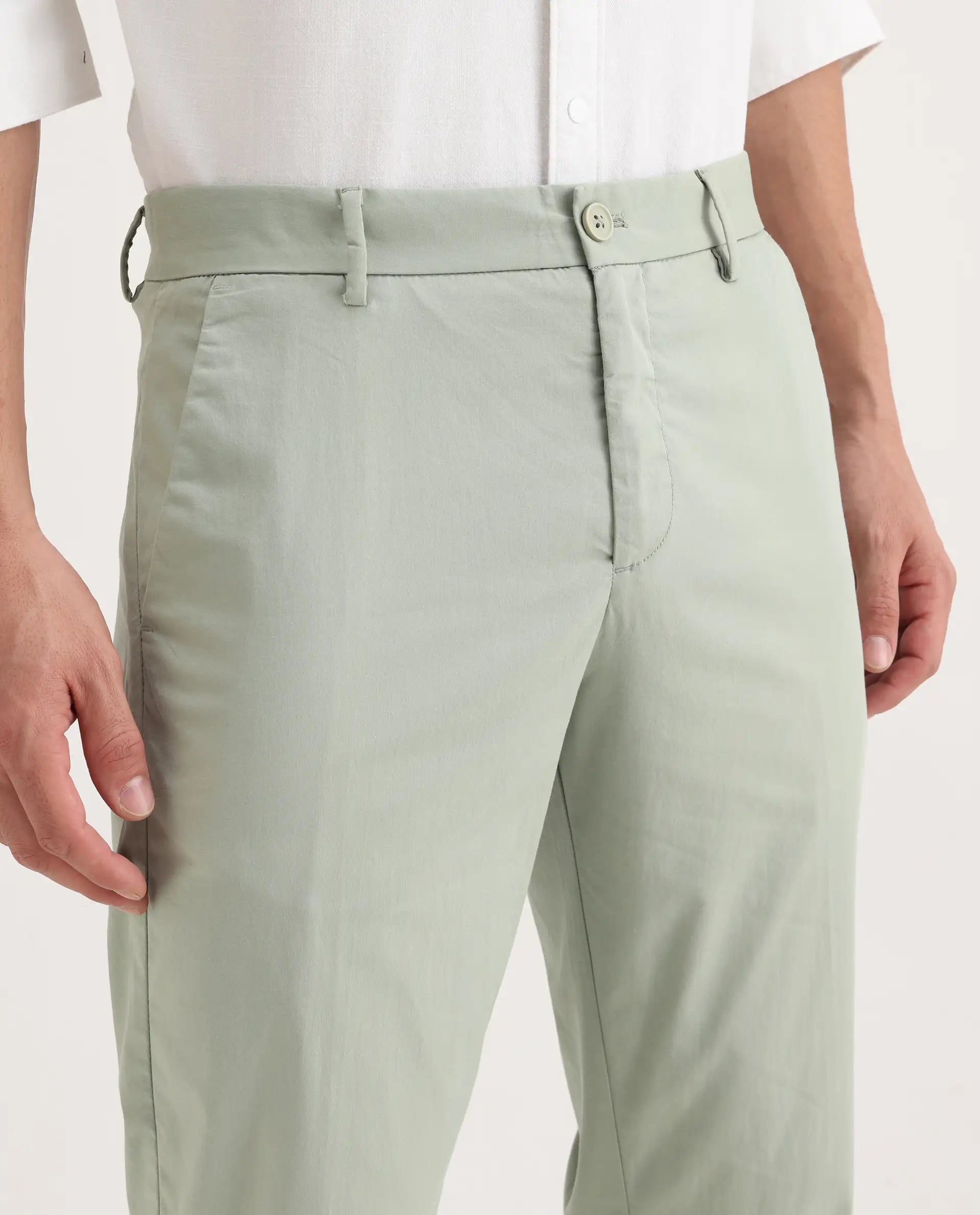 Rare Rabbit Men's Linotel Pastel Green Cotton Blend Plain Regular Fit Trouser