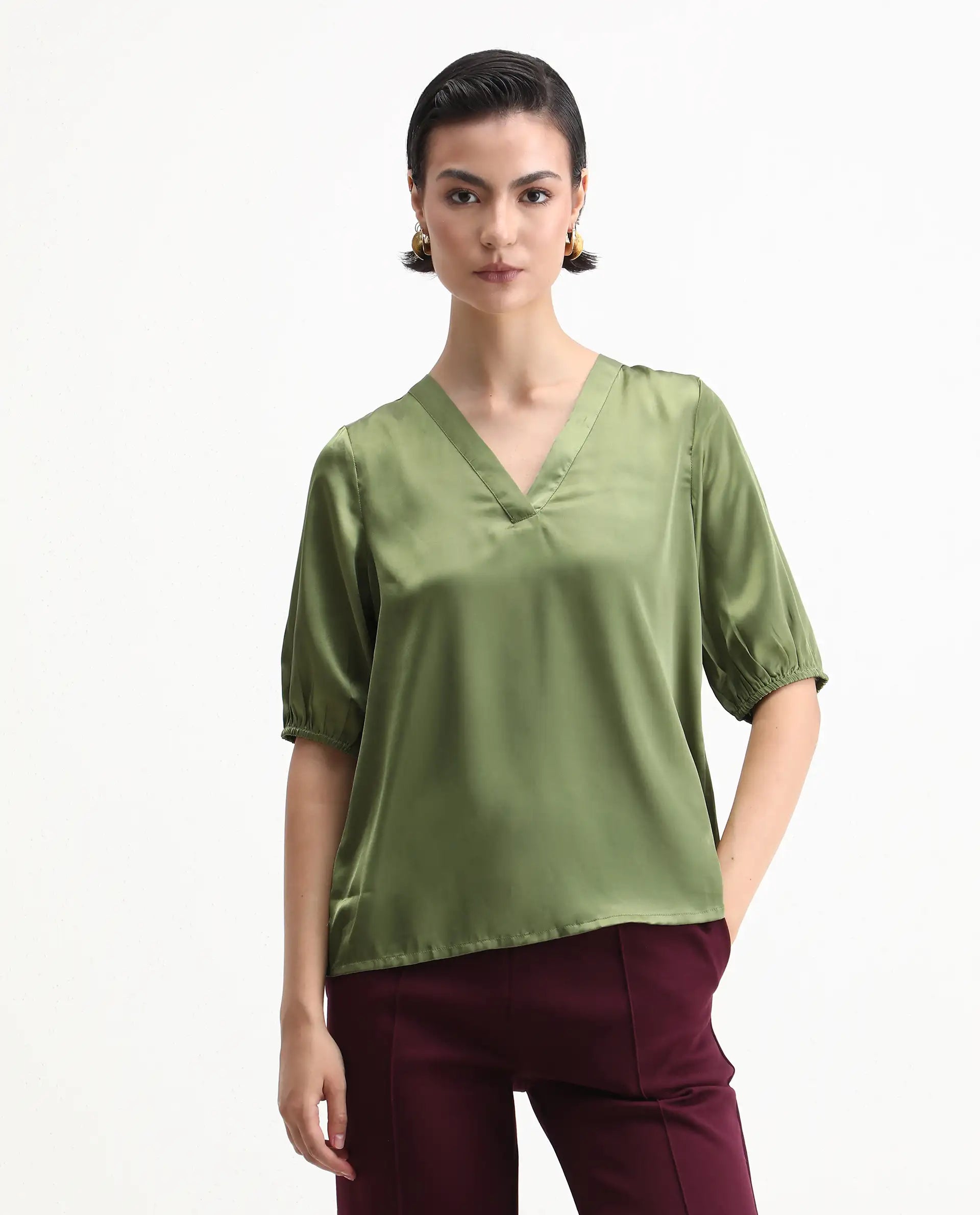 Rareism Women's Linus Dark Green Polyester V-Neck Plain Extended Sleeves Regular Fit Top