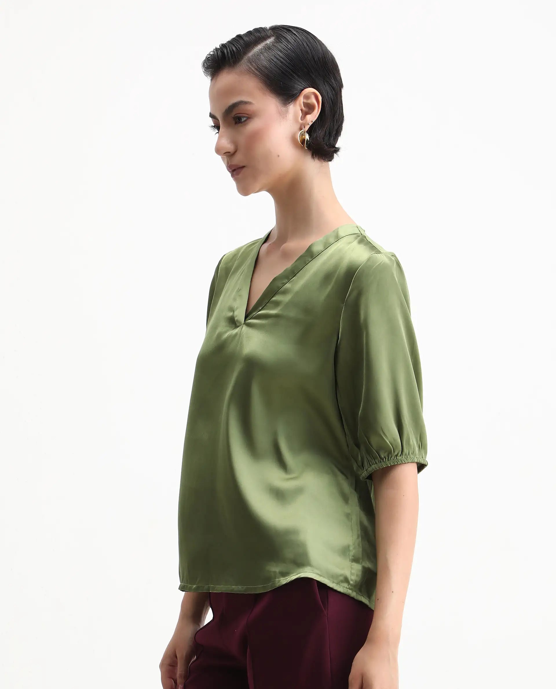 Rareism Women's Linus Dark Green Polyester V-Neck Plain Extended Sleeves Regular Fit Top