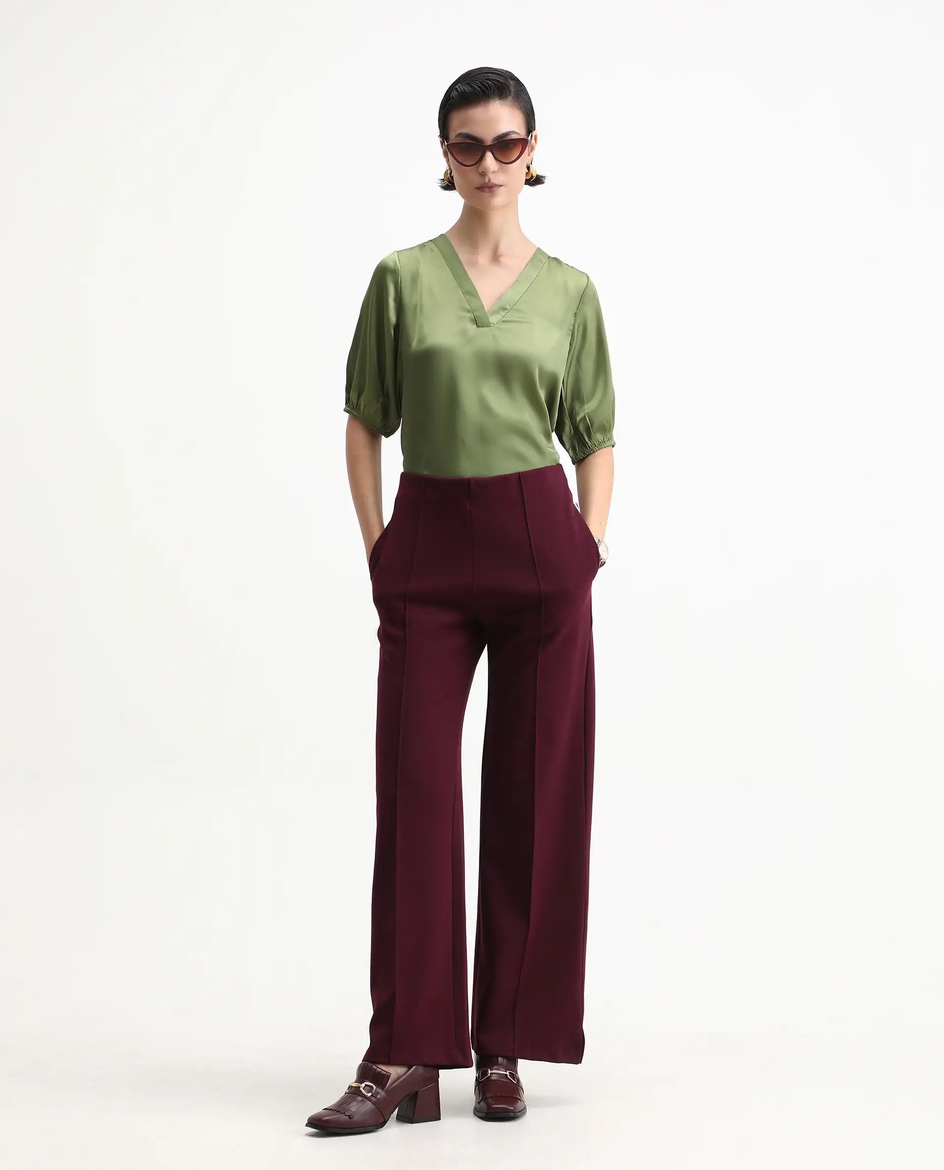 Rareism Women's Linus Dark Green Polyester V-Neck Plain Extended Sleeves Regular Fit Top