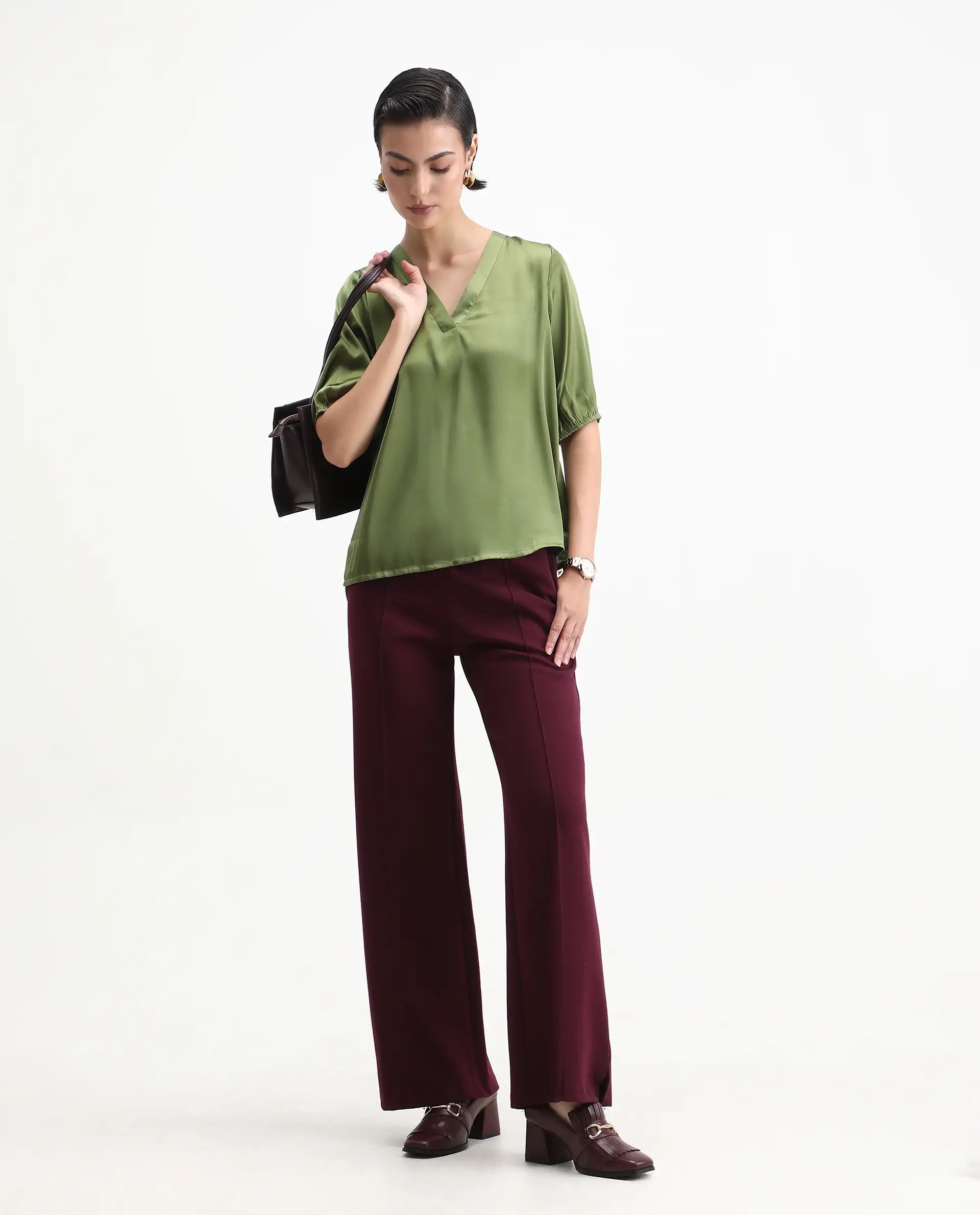 Rareism Women's Linus Dark Green Polyester V-Neck Plain Extended Sleeves Regular Fit Top