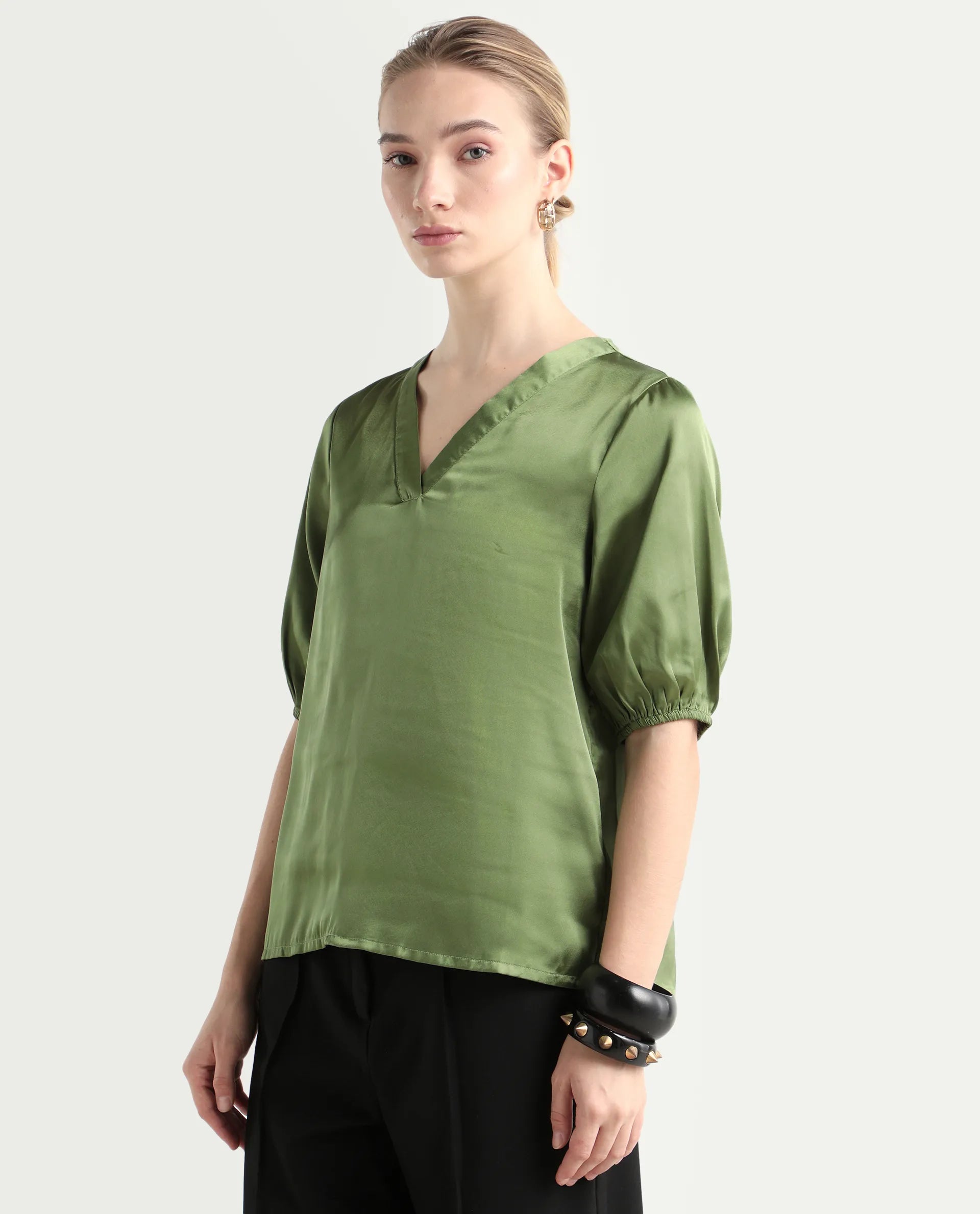 Rareism Women's Linus Dark Green Polyester V-Neck Plain Extended Sleeves Regular Fit Top
