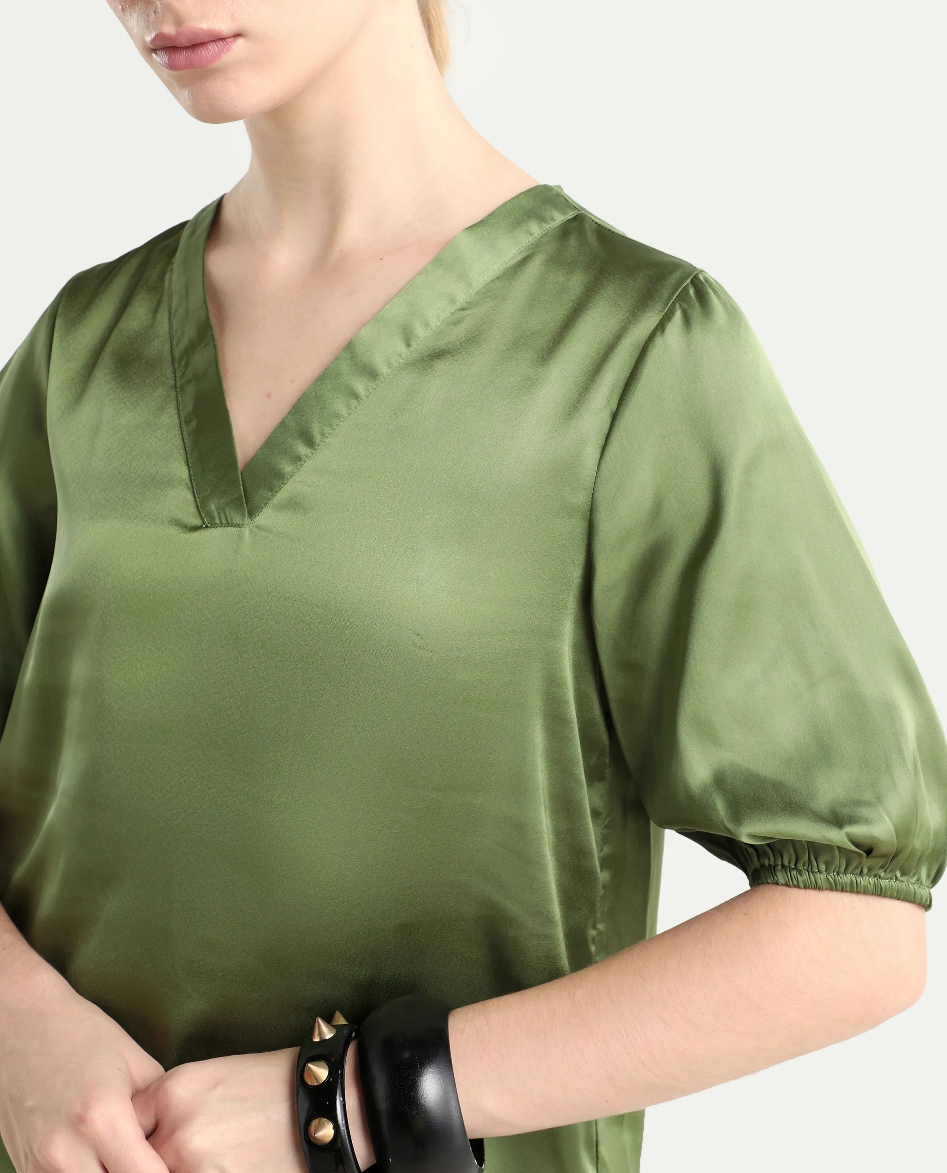 Rareism Women's Linus Dark Green Polyester V-Neck Plain Extended Sleeves Regular Fit Top