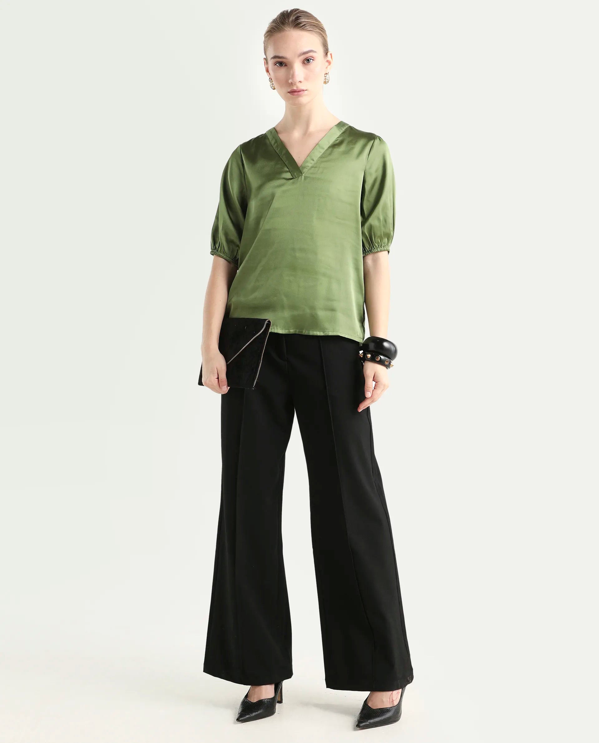 Rareism Women's Linus Dark Green Polyester V-Neck Plain Extended Sleeves Regular Fit Top