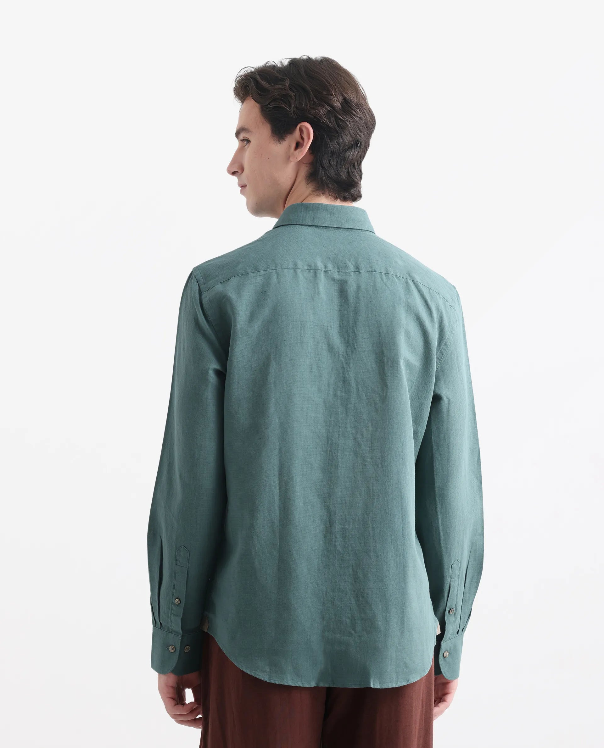 Rare Rabbit Men's Linux Green Linen Blend Plain Regular Fit Full Sleeve Collared Shirt