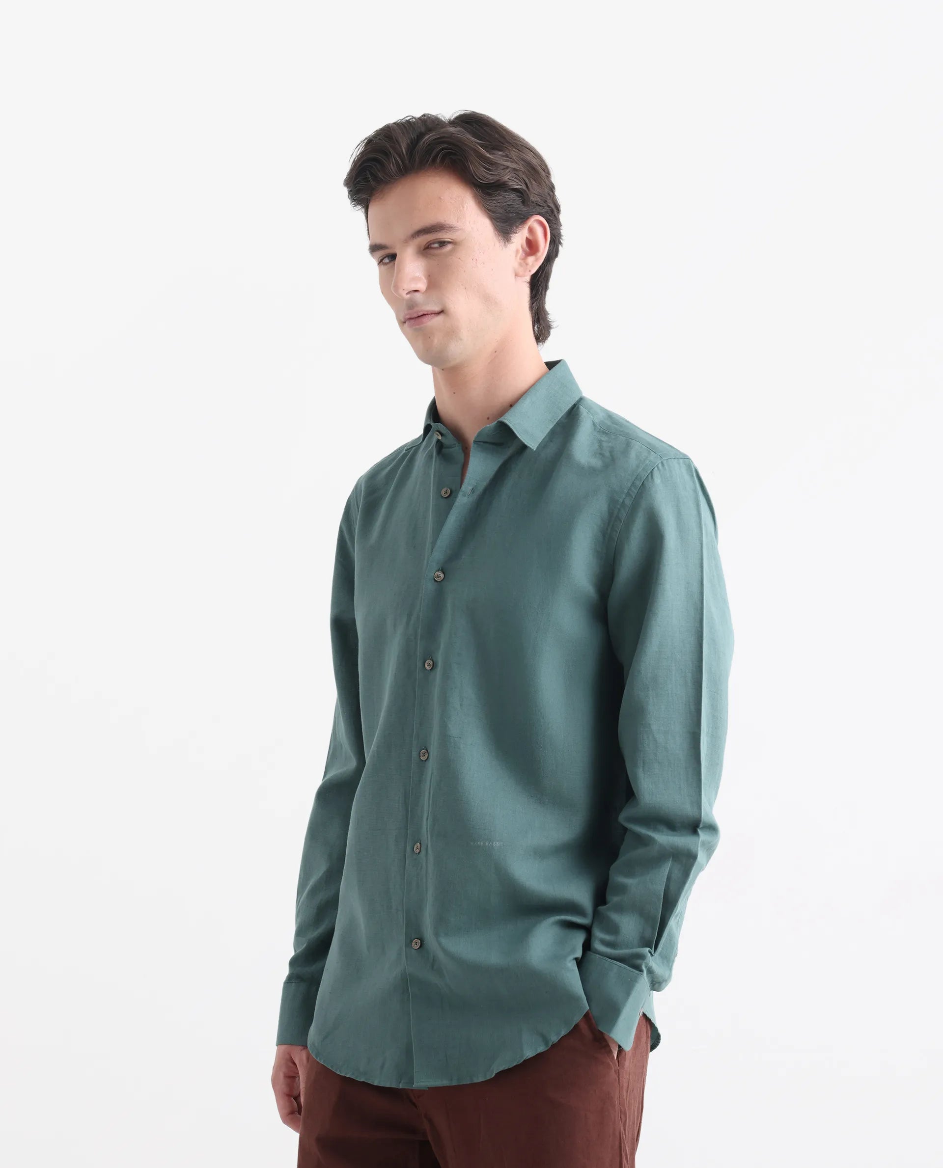 Rare Rabbit Men's Linux Green Linen Blend Plain Regular Fit Full Sleeve Collared Shirt