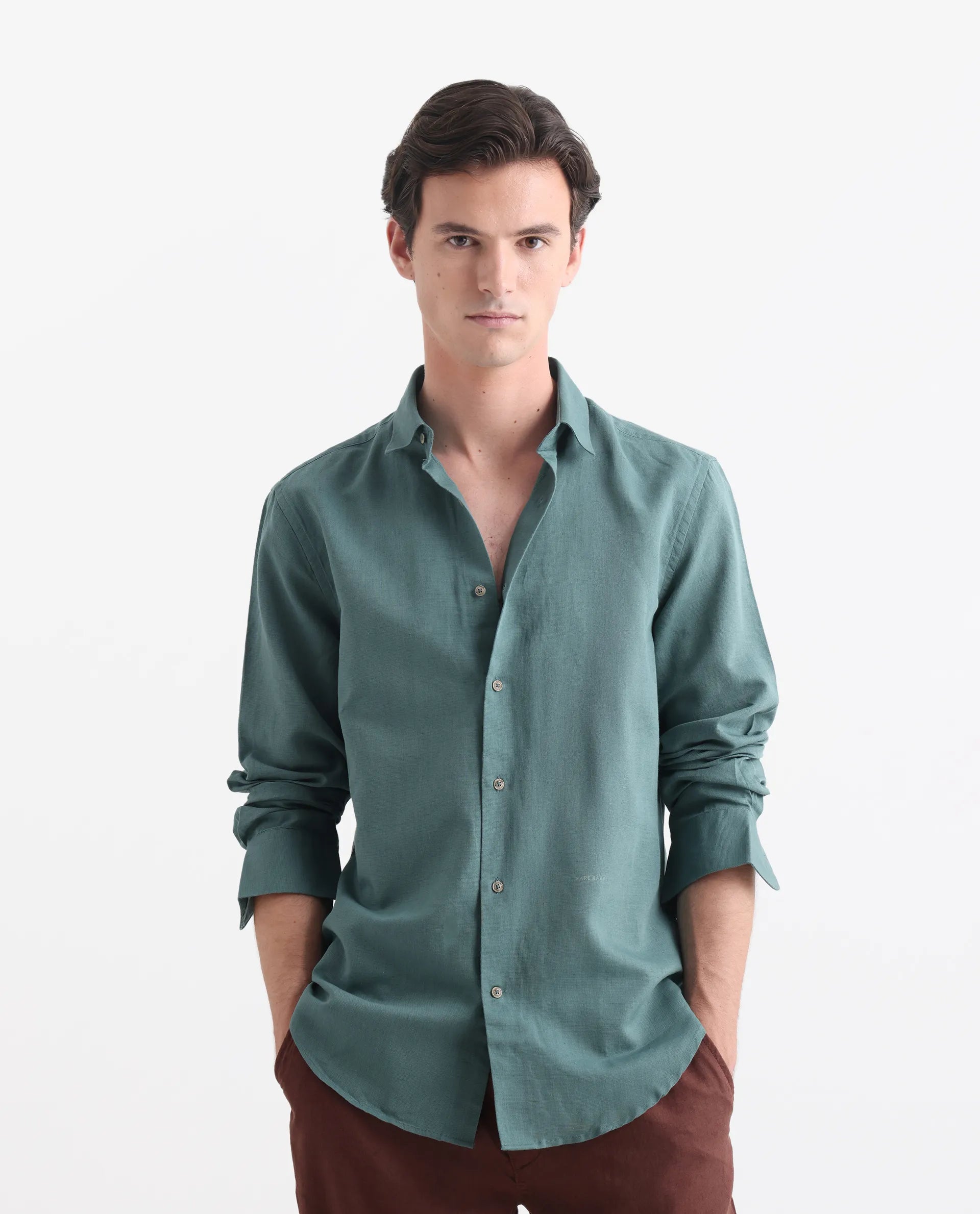 Rare Rabbit Men's Linux Green Linen Blend Plain Regular Fit Full Sleeve Collared Shirt