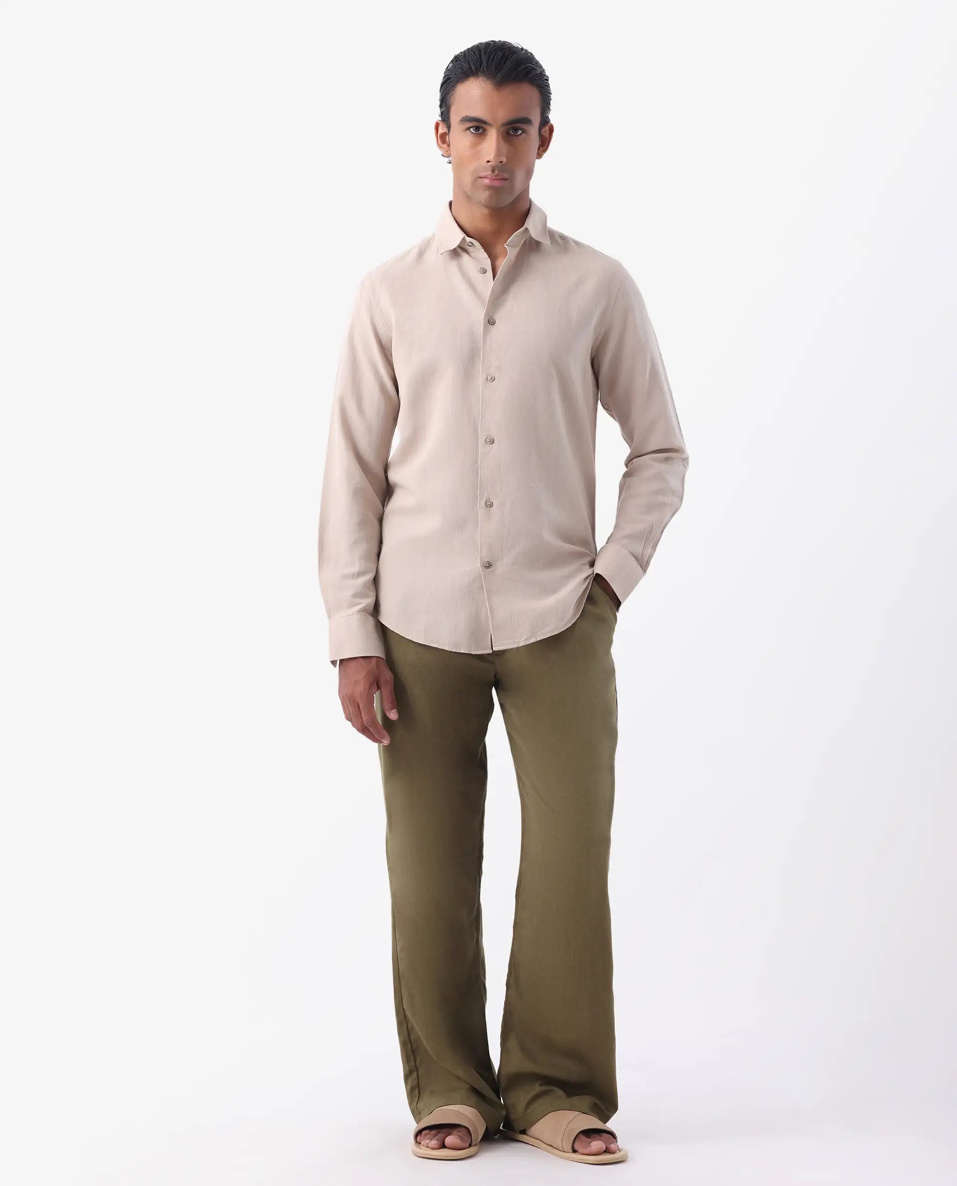 Rare Rabbit Men's Linux Light Beige Linen Blend Plain Regular Fit Full Sleeve Collared Shirt