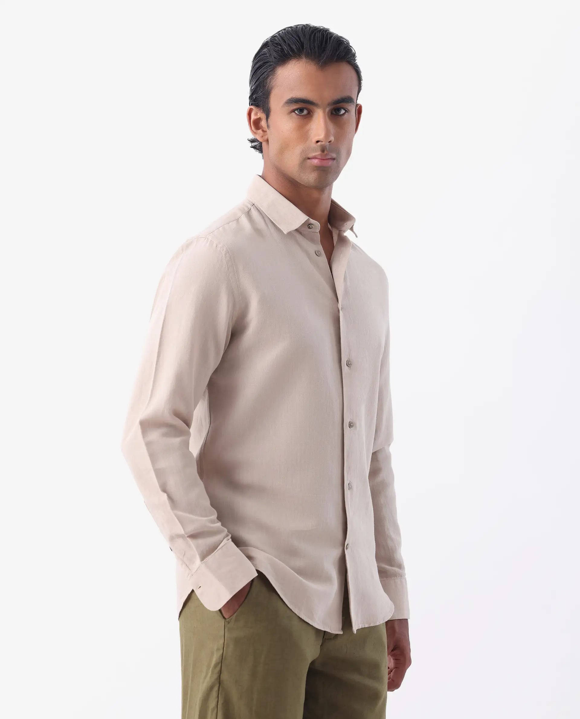 Rare Rabbit Men's Linux Light Beige Linen Blend Plain Regular Fit Full Sleeve Collared Shirt