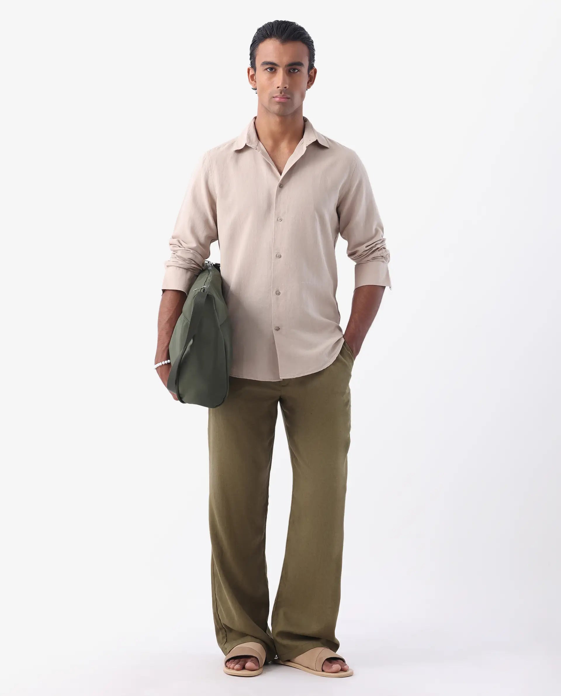 Rare Rabbit Men's Linux Light Beige Linen Blend Plain Regular Fit Full Sleeve Collared Shirt