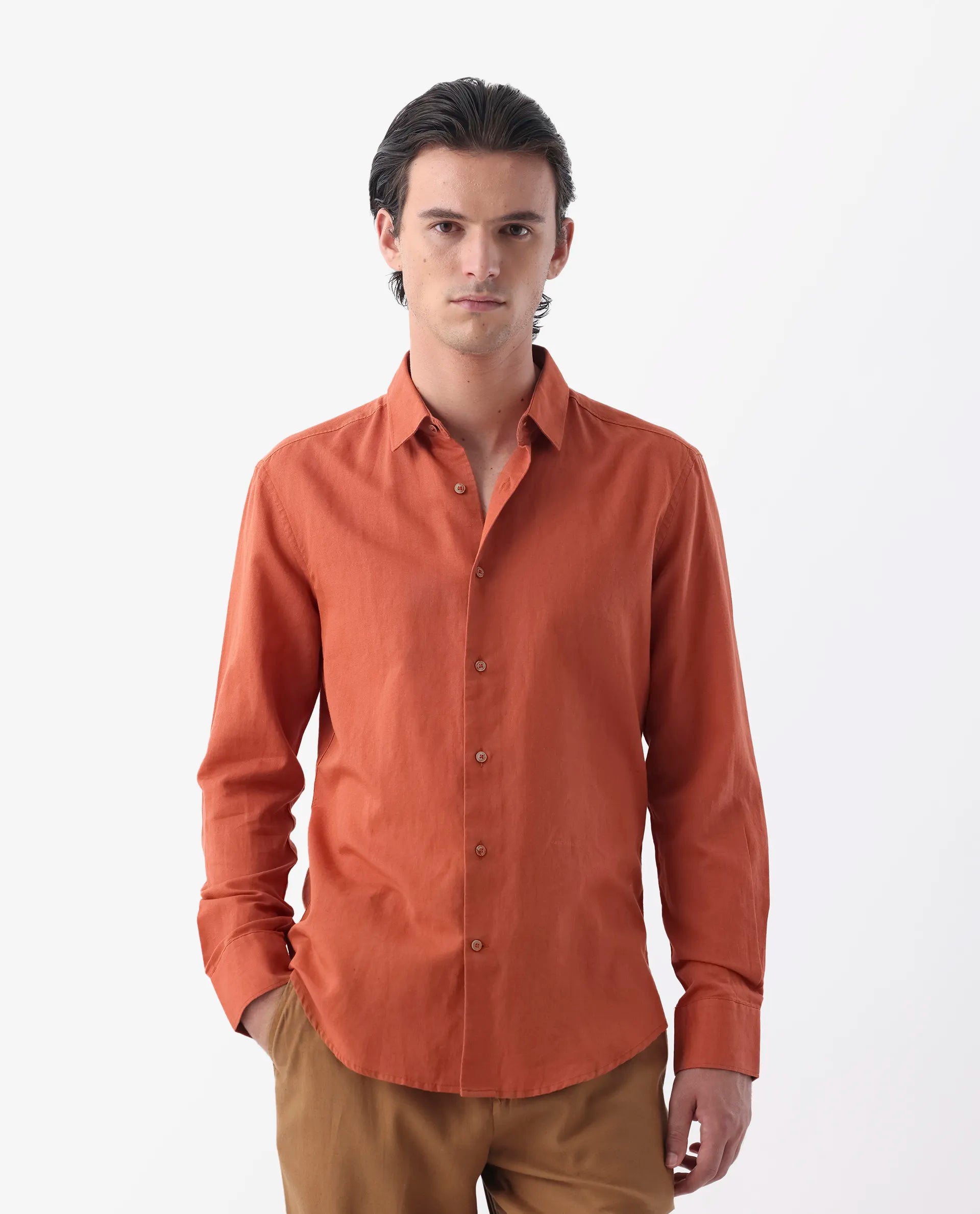 Rare Rabbit Men's Linux Orange Linen Blend Plain Regular Fit Full Sleeve Collared Shirt