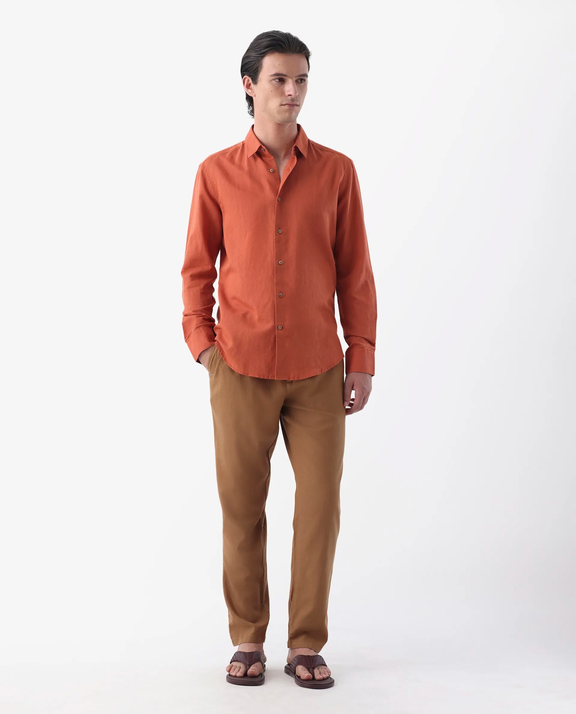 Rare Rabbit Men's Linux Orange Linen Blend Plain Regular Fit Full Sleeve Collared Shirt