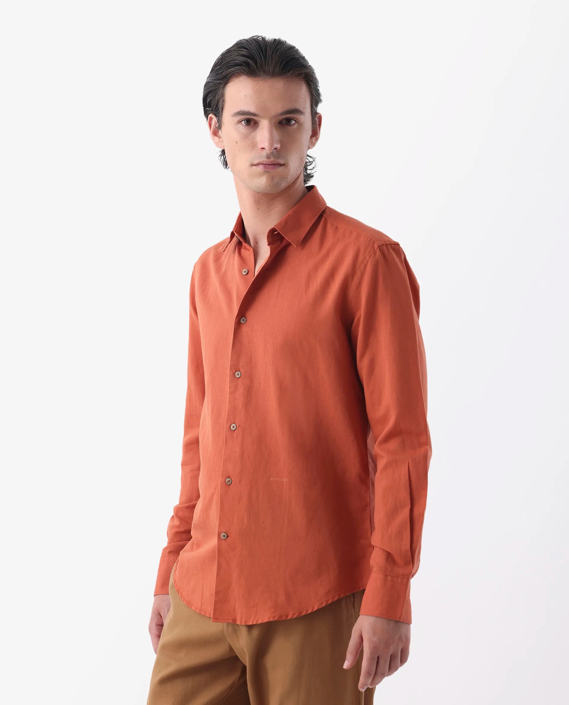 Rare Rabbit Men's Linux Orange Linen Blend Plain Regular Fit Full Sleeve Collared Shirt