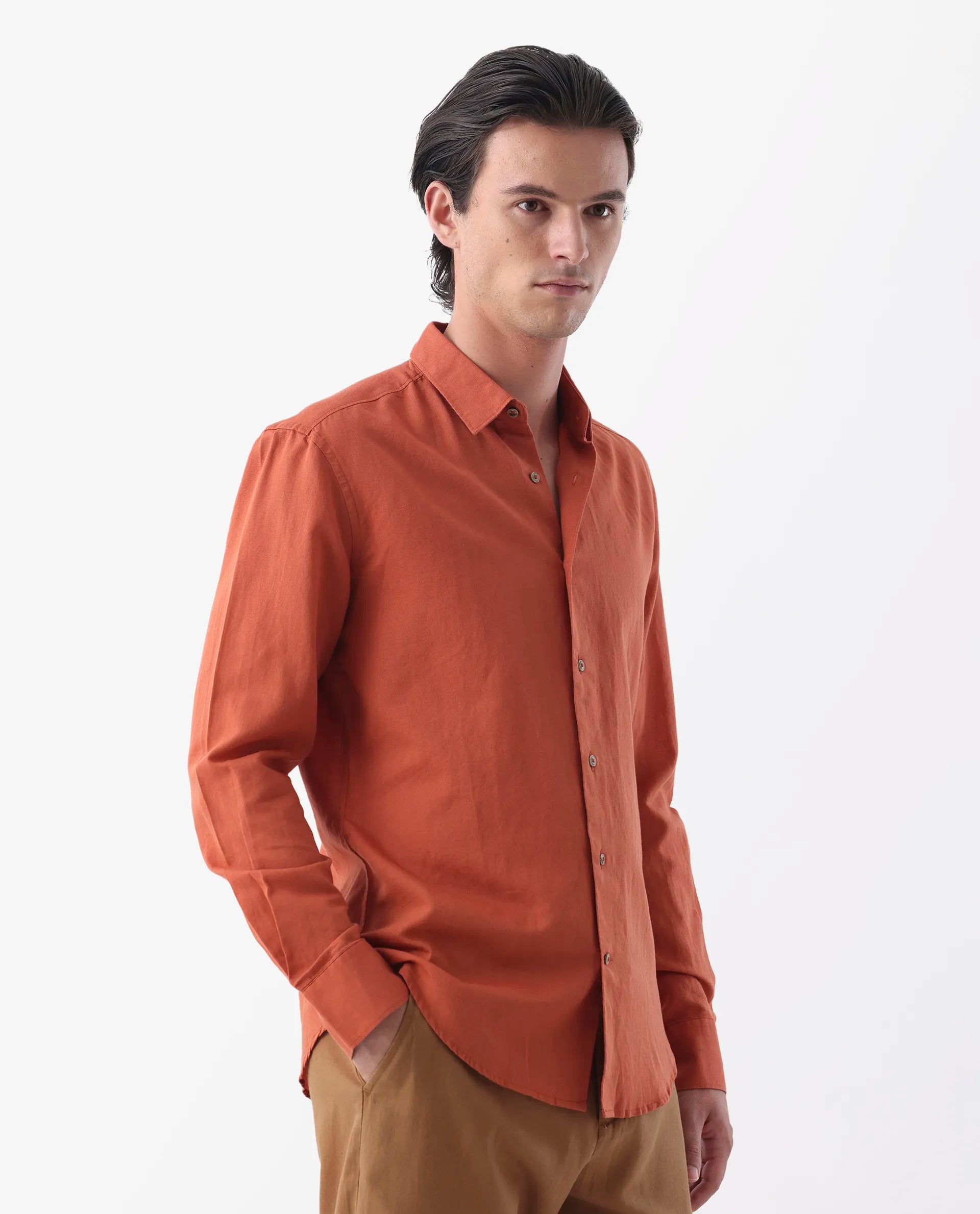 Rare Rabbit Men's Linux Orange Linen Blend Plain Regular Fit Full Sleeve Collared Shirt