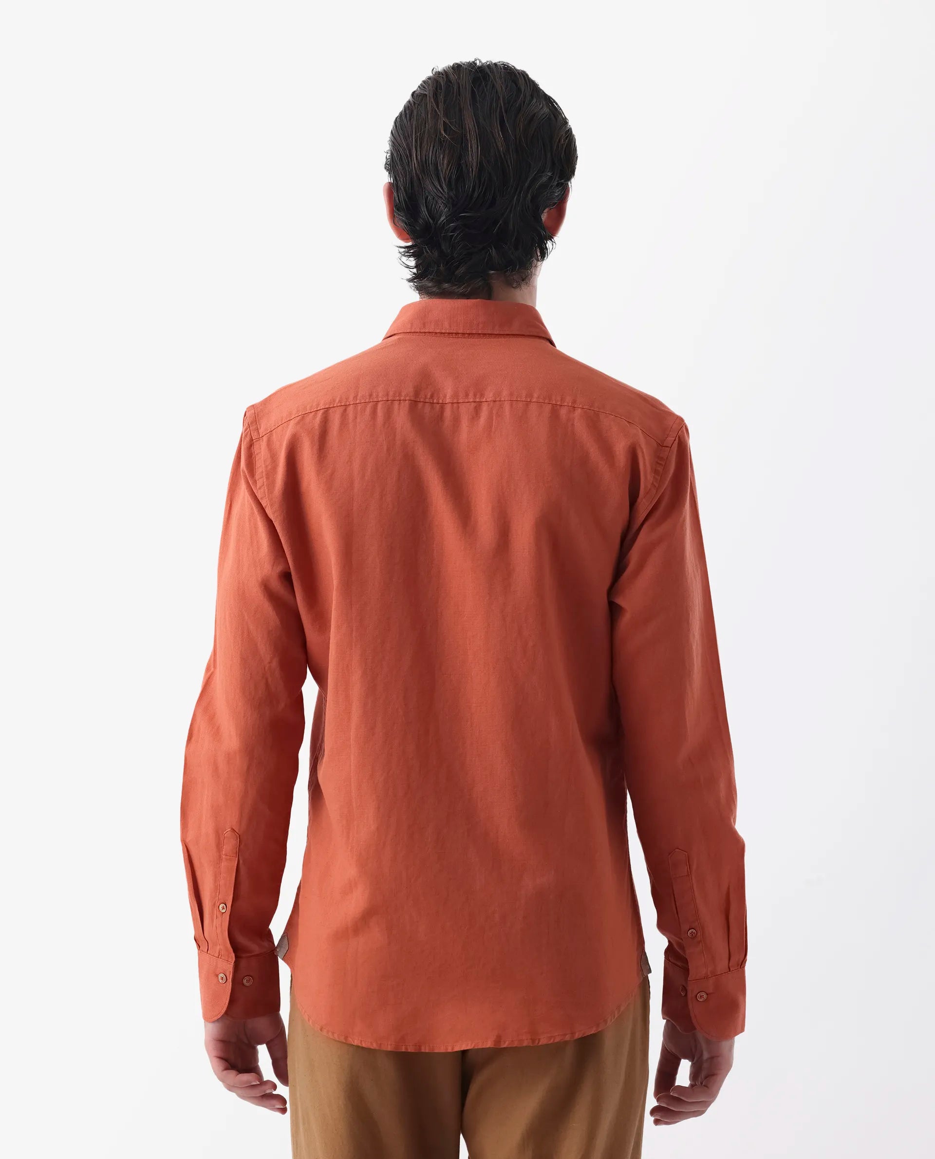 Rare Rabbit Men's Linux Orange Linen Blend Plain Regular Fit Full Sleeve Collared Shirt