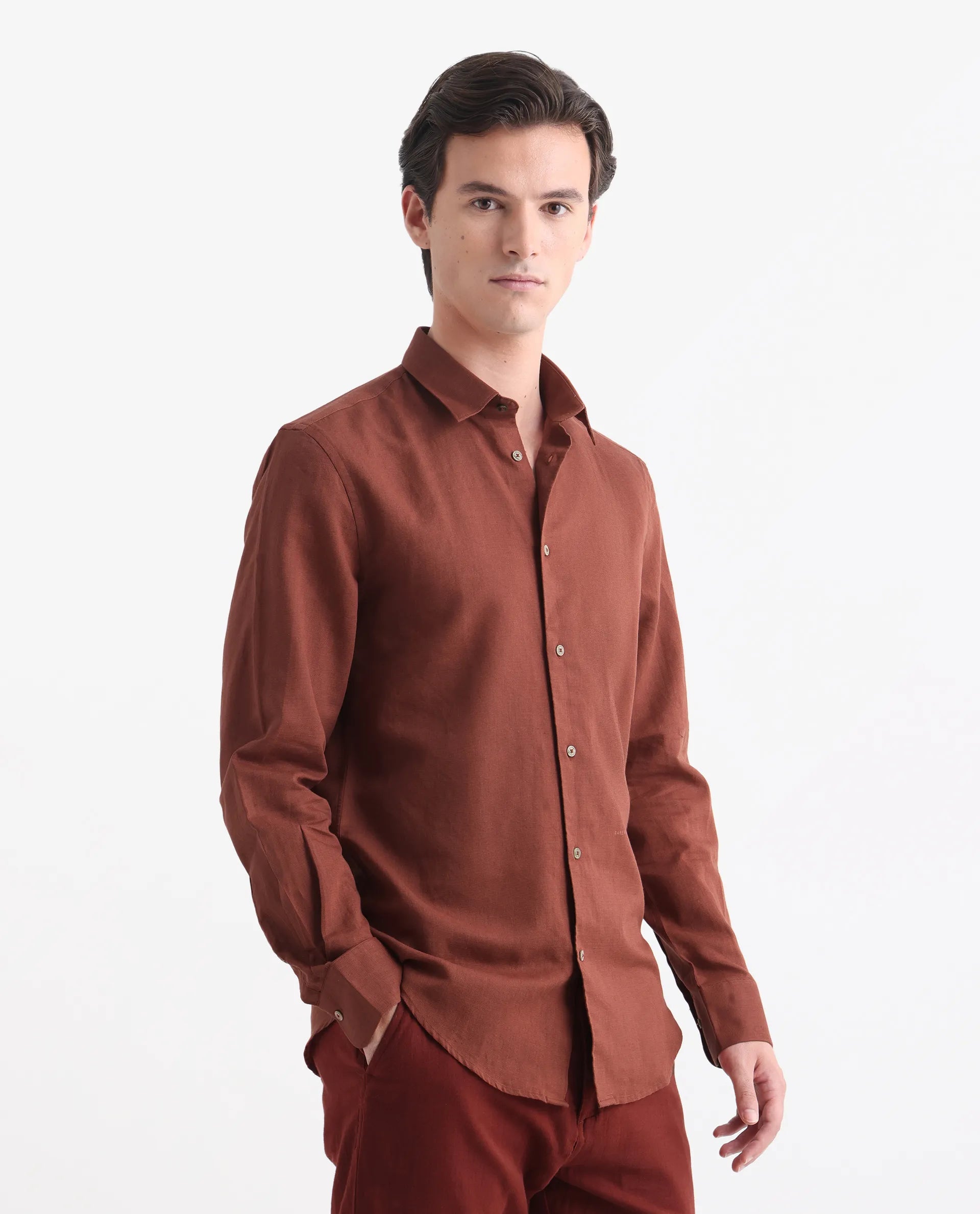 Rare Rabbit Men's Linux Rust Linen Blend Plain Regular Fit Full Sleeve Collared Shirt