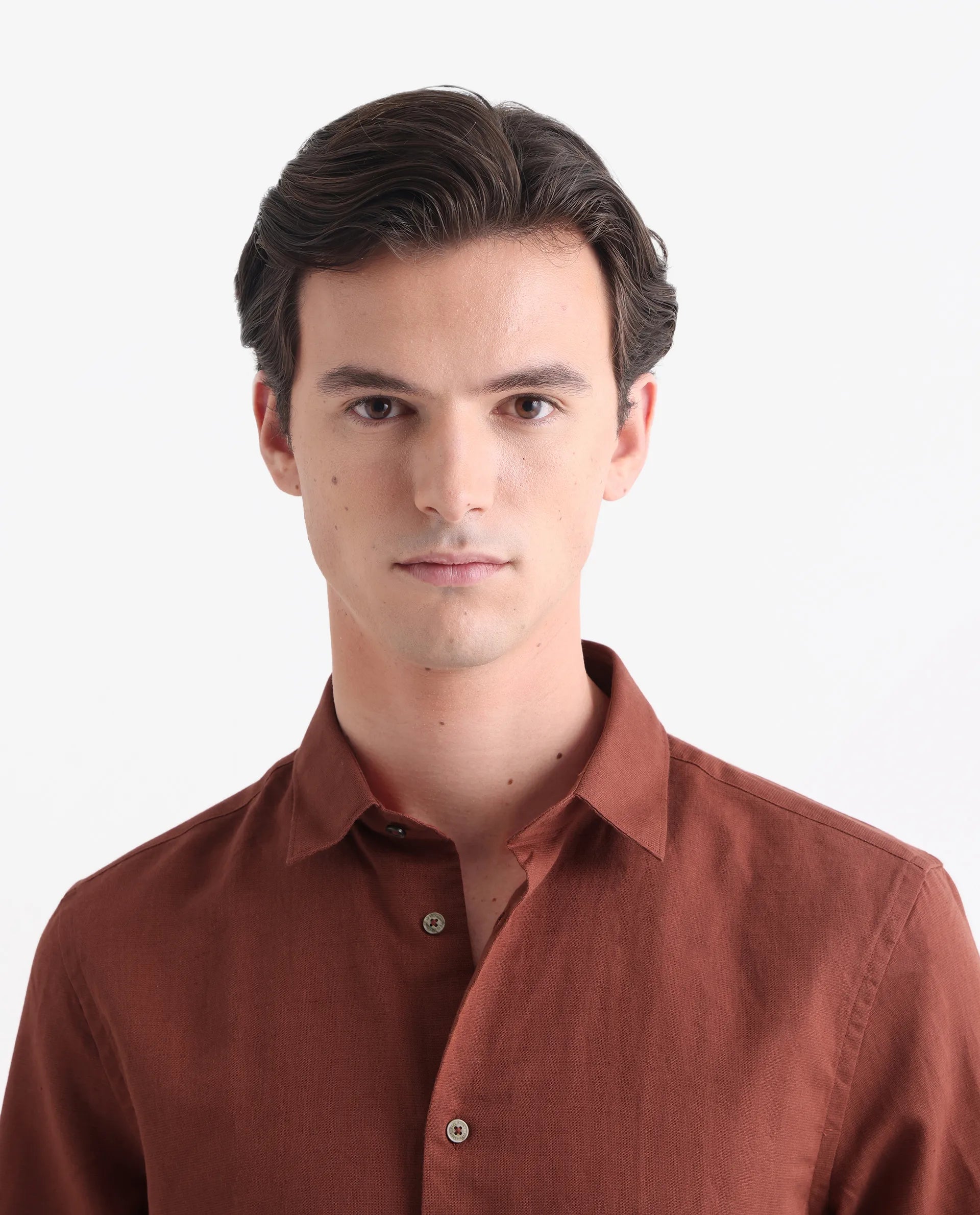 Rare Rabbit Men's Linux Rust Linen Blend Plain Regular Fit Full Sleeve Collared Shirt