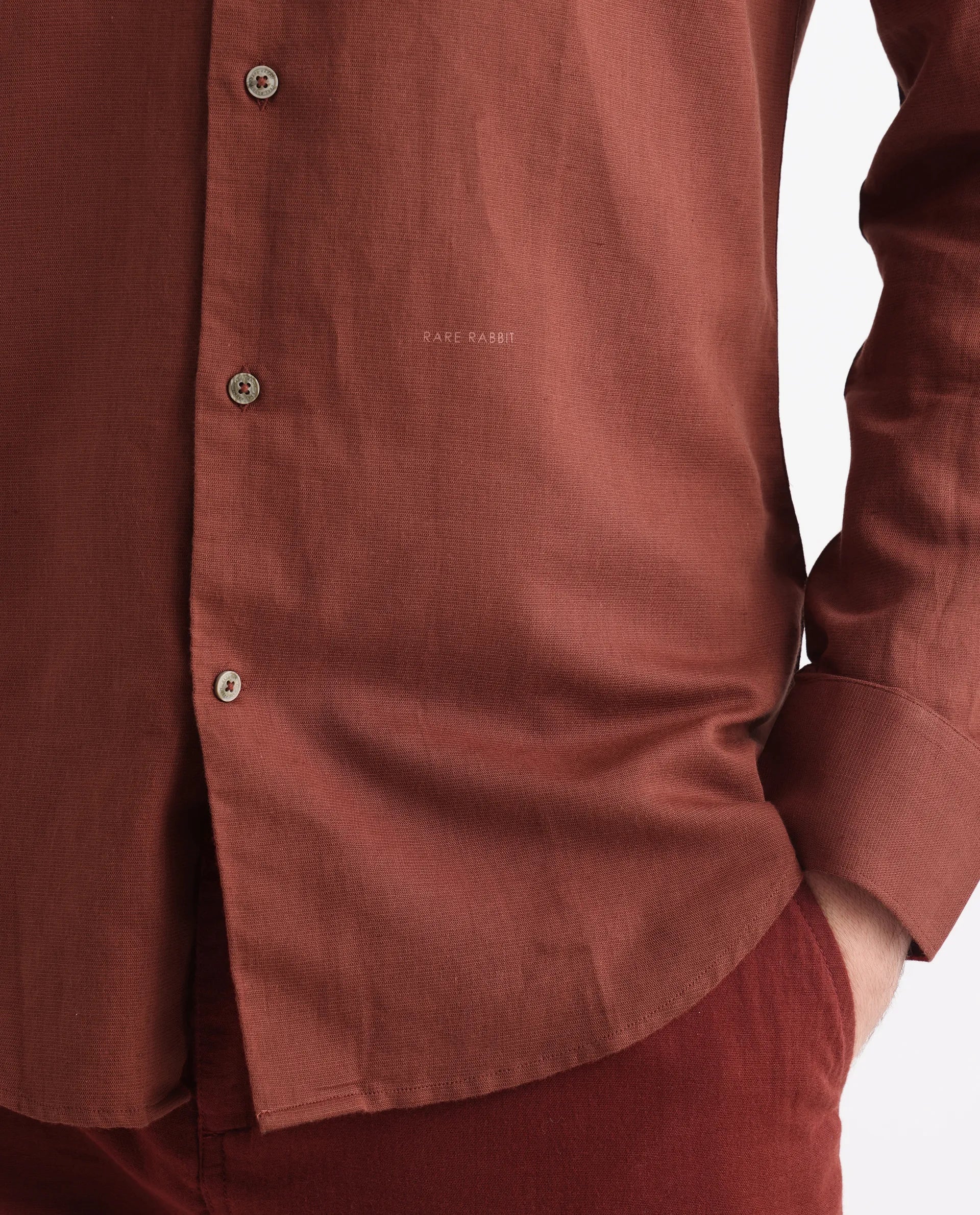 Rare Rabbit Men's Linux Rust Linen Blend Plain Regular Fit Full Sleeve Collared Shirt